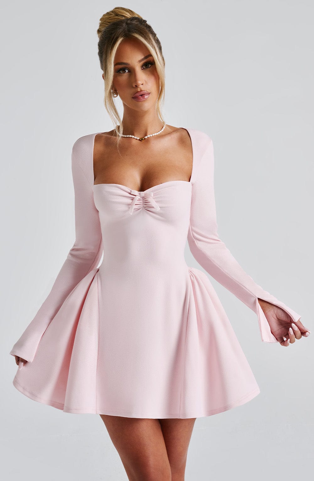 Blush Megan Mini Dress with Sweetheart Neckline & Velvet Bow