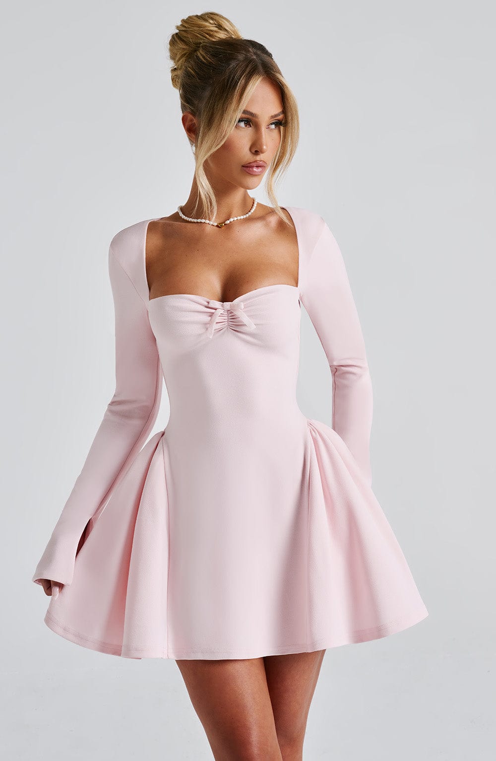 Blush Megan Mini Dress with Sweetheart Neckline & Velvet Bow