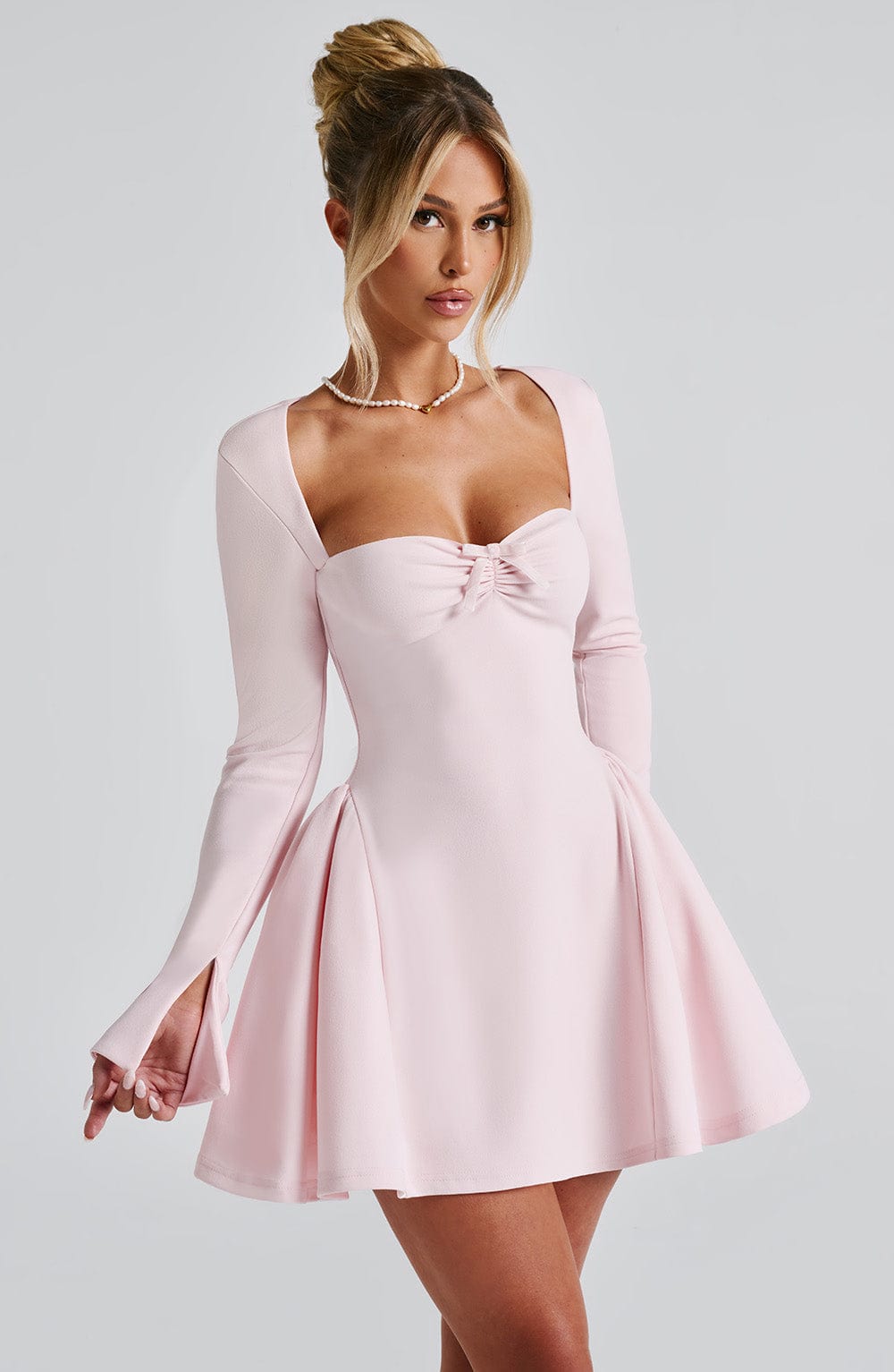 Blush Megan Mini Dress with Sweetheart Neckline & Velvet Bow