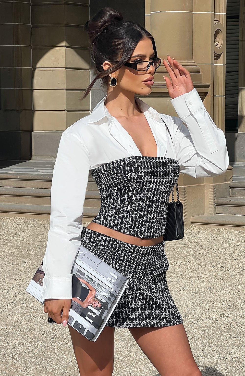 Olina Strapless Tweed Top - Black & White Cropped Blouse