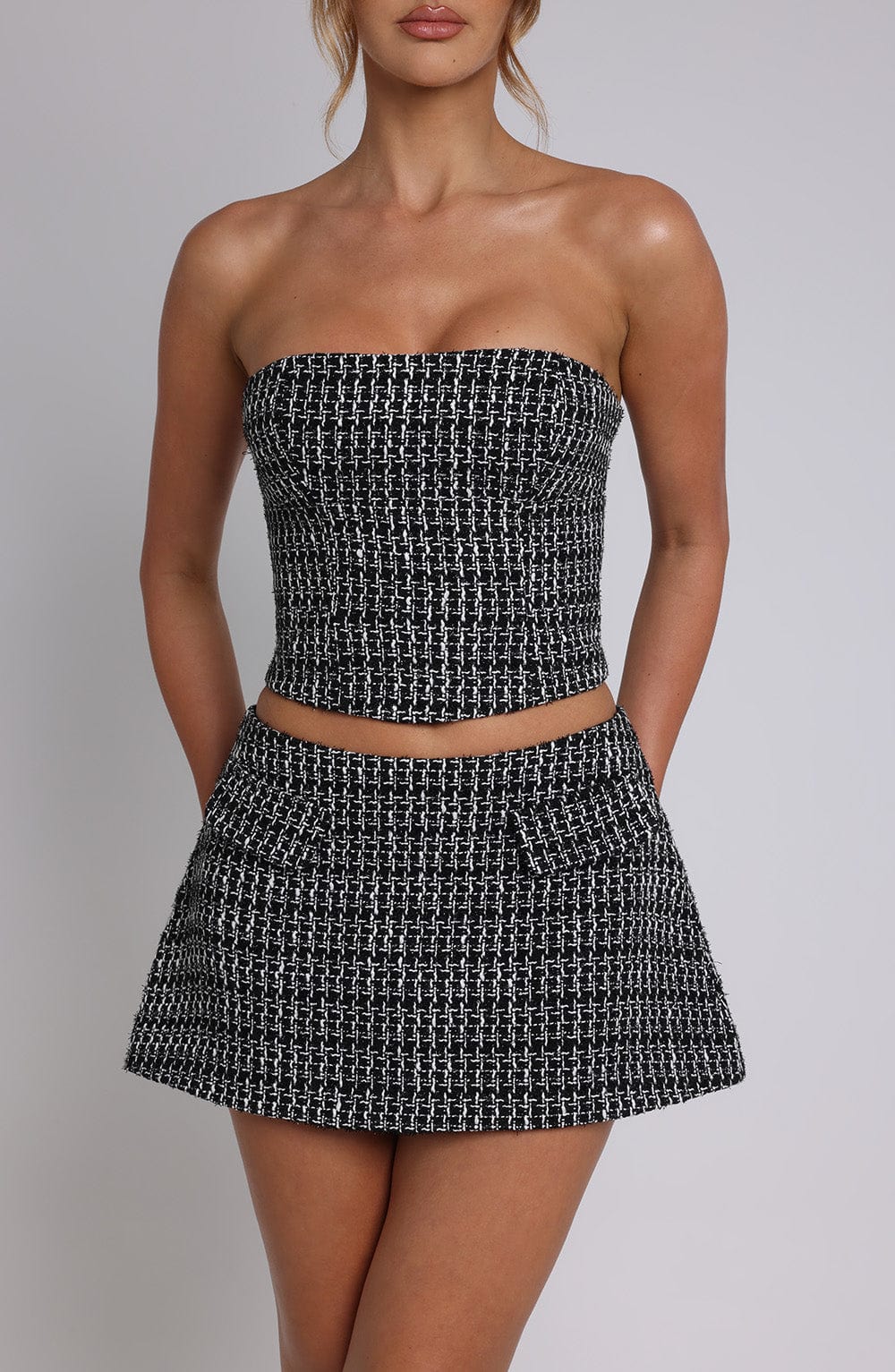 Olina Strapless Tweed Top - Black & White Cropped Blouse