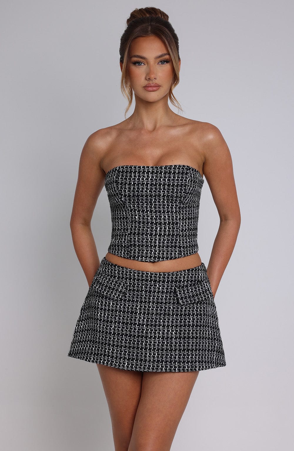Olina Strapless Tweed Top - Black & White Cropped Blouse