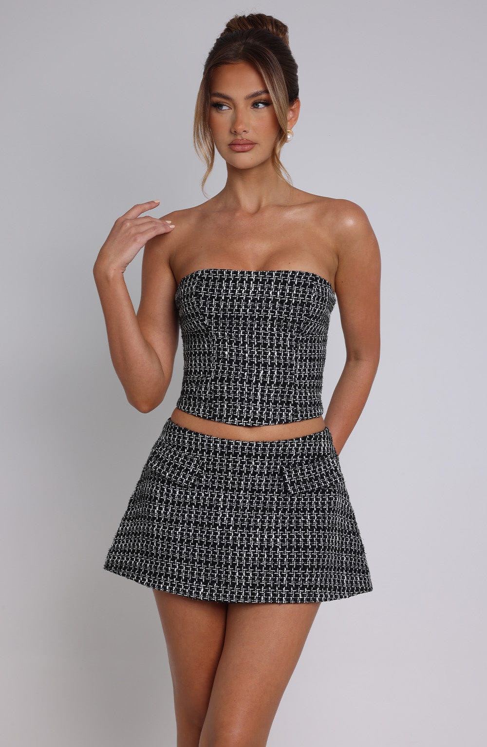 Olina Strapless Tweed Top - Black & White Cropped Blouse