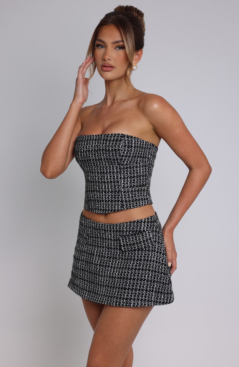 Olina Strapless Tweed Top - Black & White Cropped Blouse