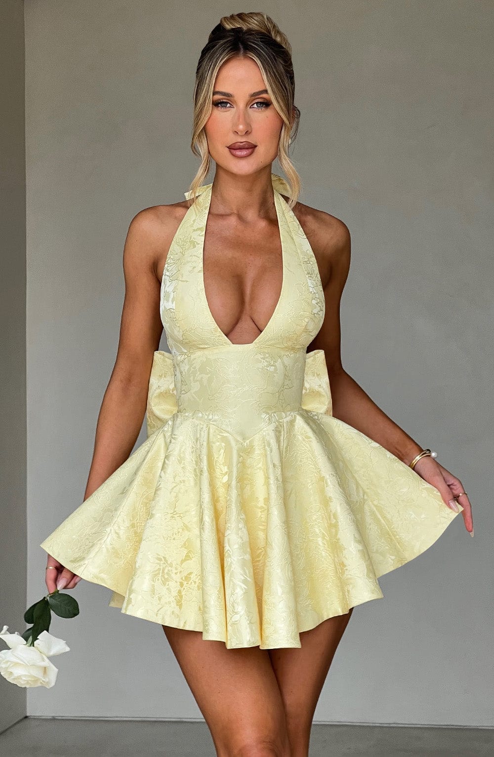 Lemon Floral Jacquard Playsuit with Halter Neck & Detachable Bow