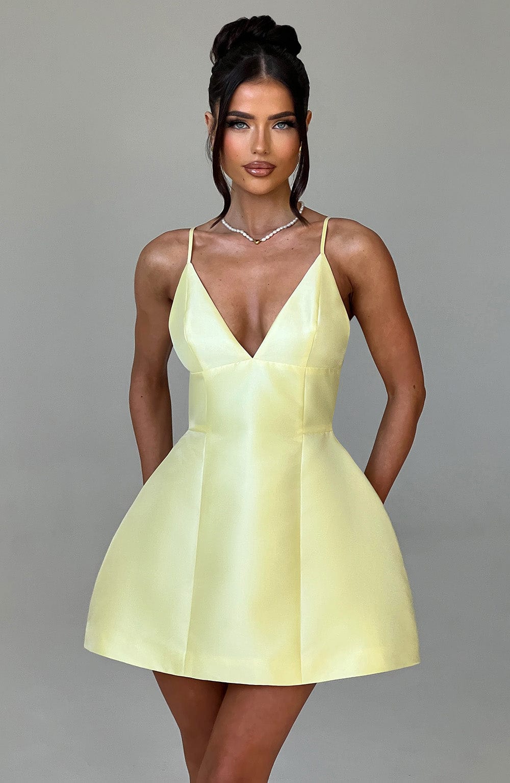 Nicole Satin Mini Dress with Plunge Neckline - Lemon