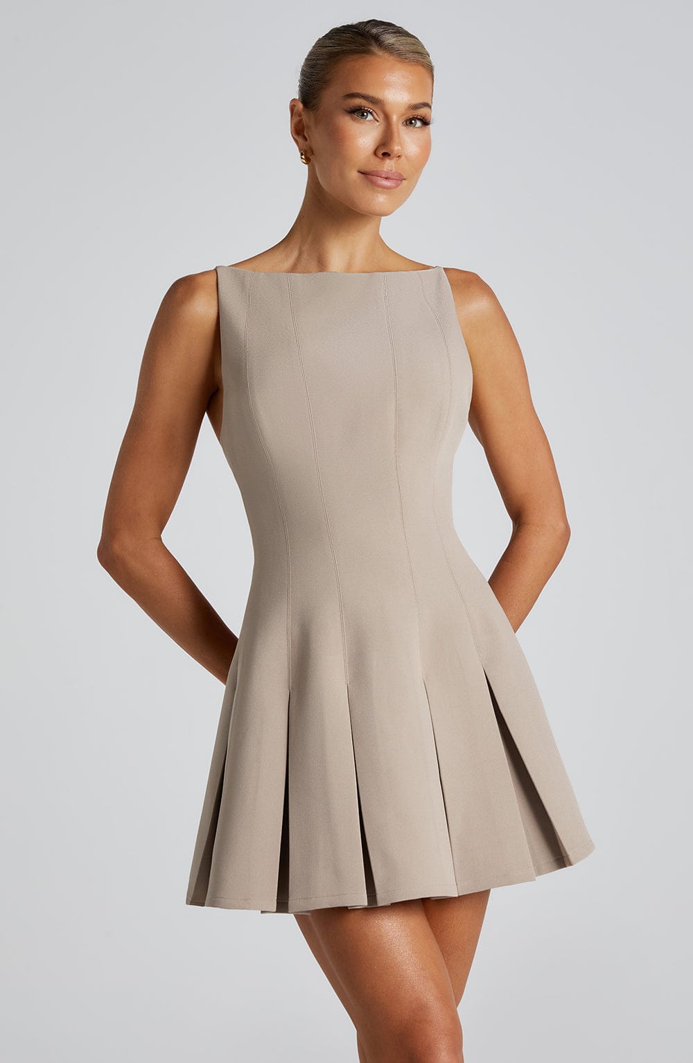 Taupe Rory Mini Dress with Boat Neck & Scoop Back