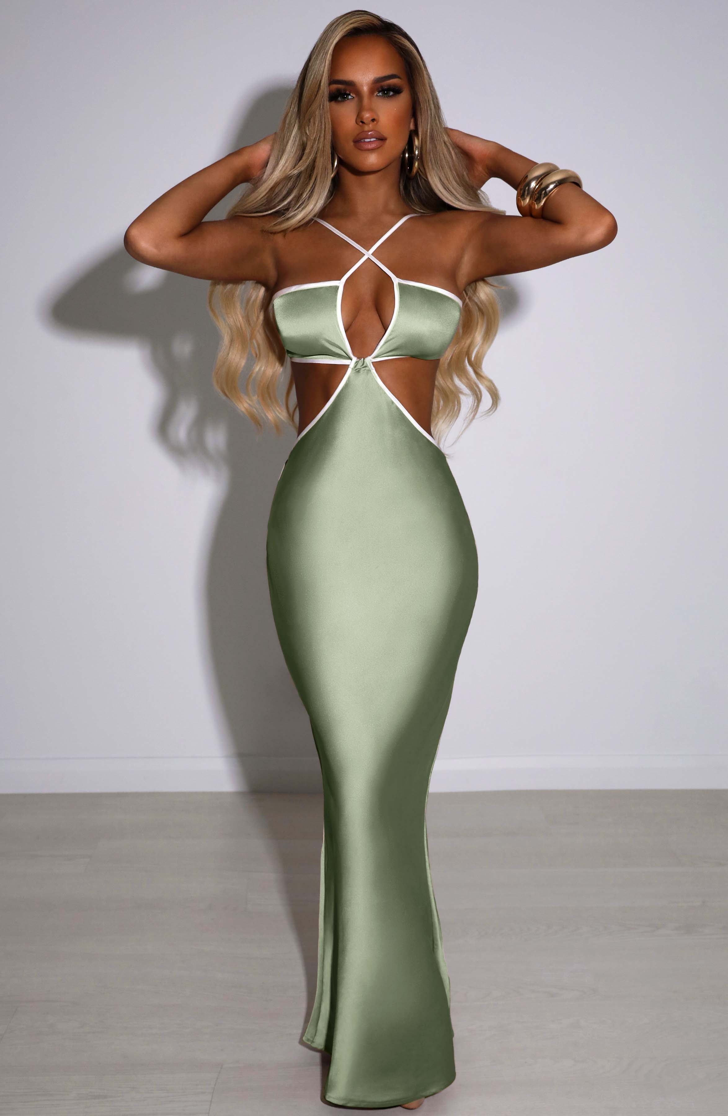 Arlo Sage Criss-Cross Maxi Dress with Knot Detail