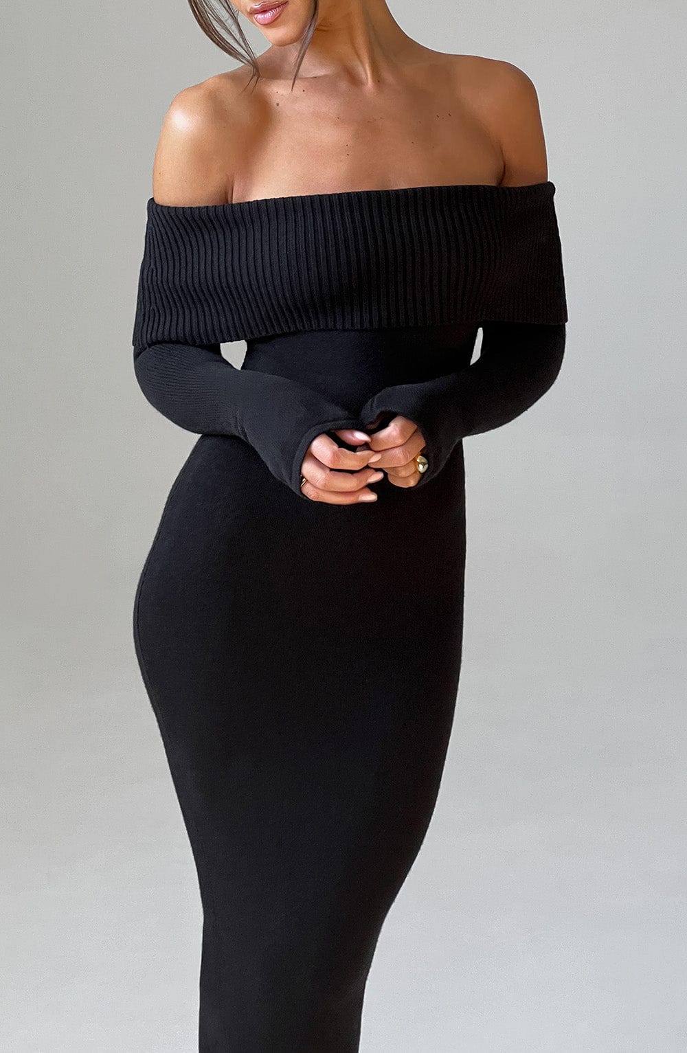 Beverley Off Shoulder Knit Maxi Dress - Black