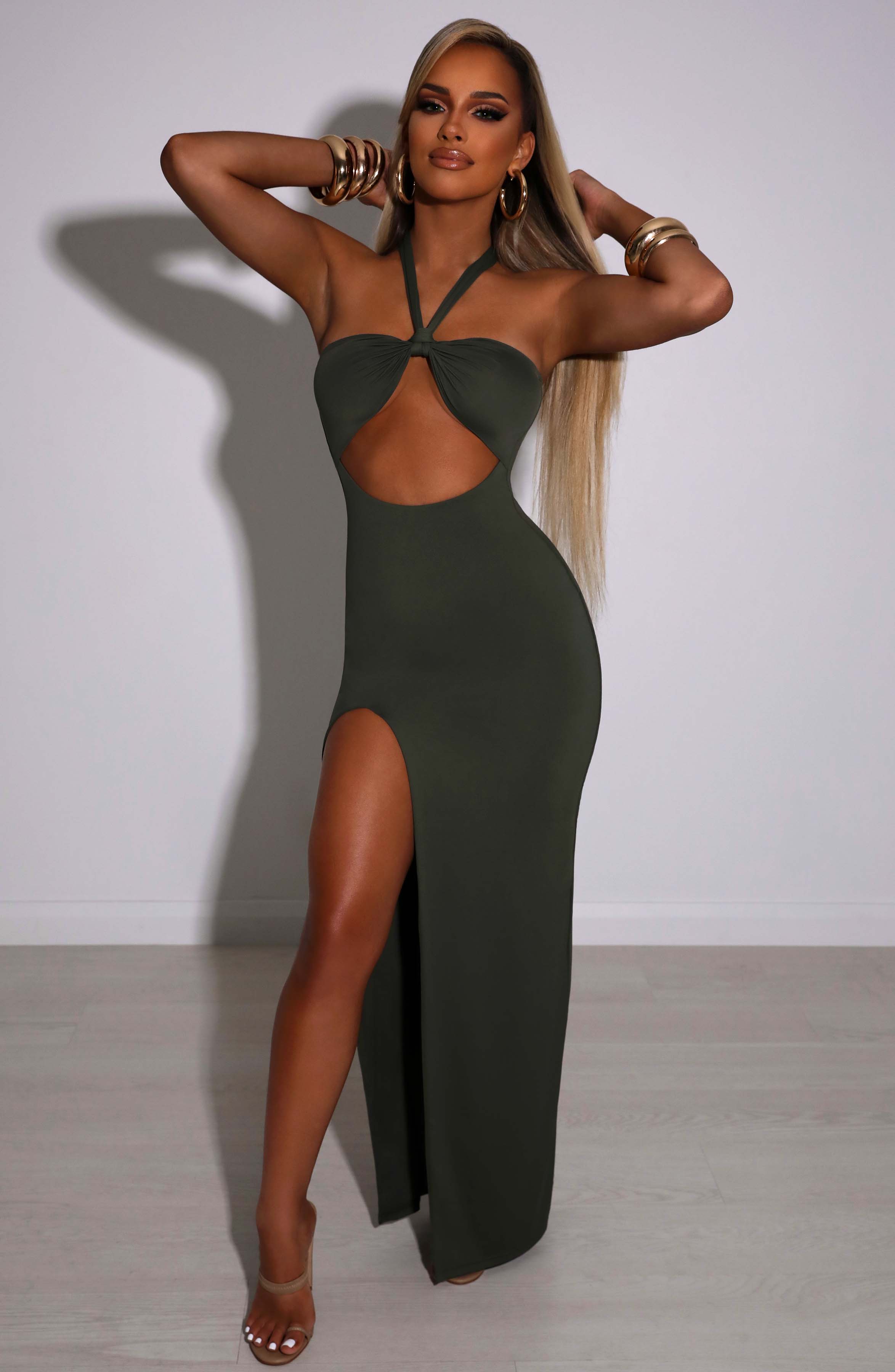 Khaki Destiny Maxi Dress with Adjustable Straps & Front Split