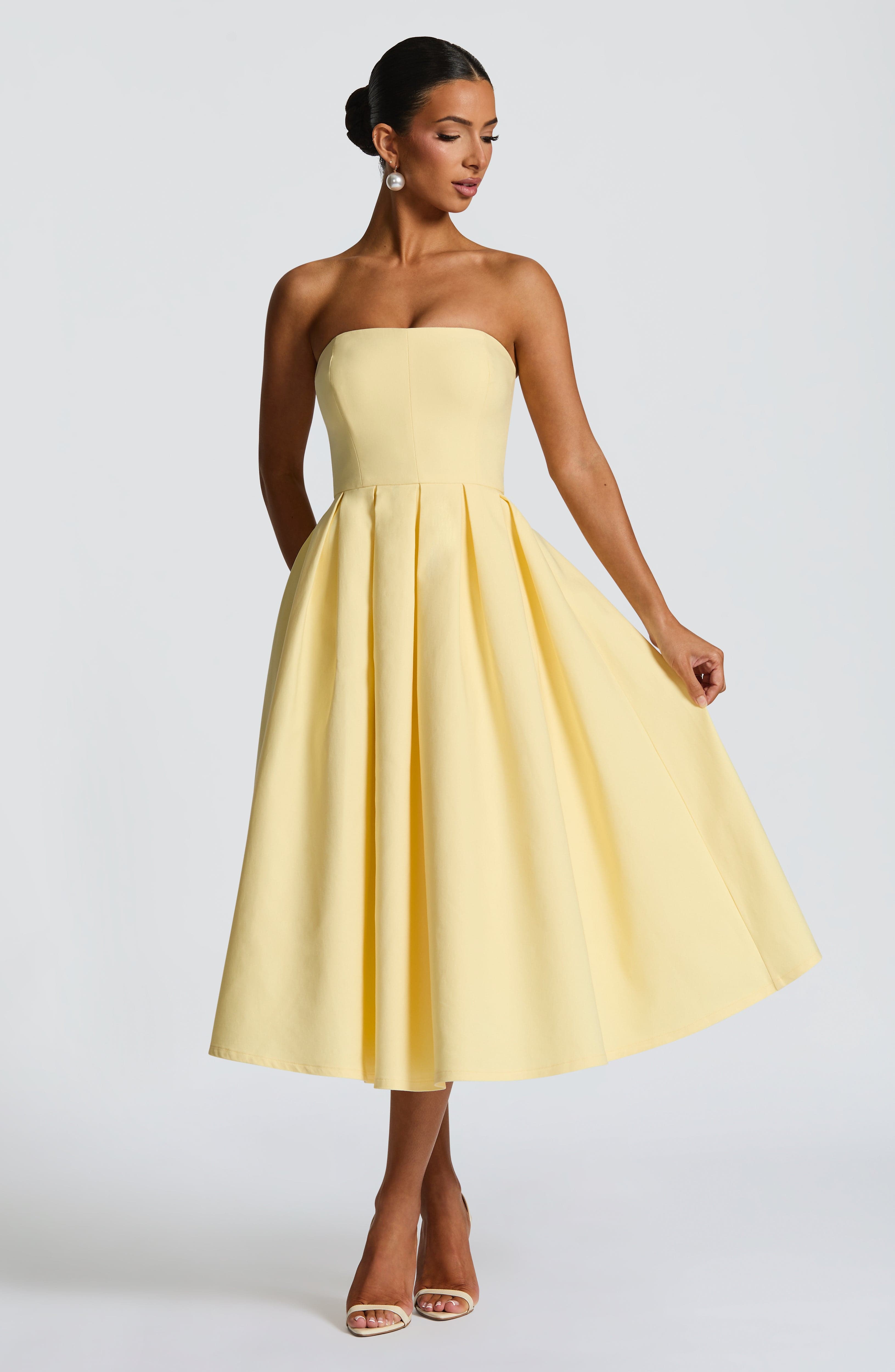 Lemon Strapless Midi Dress with Boning & Pleated Skirt - Edith