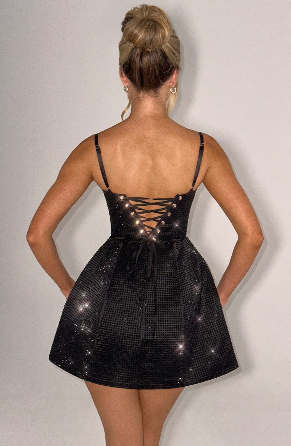 Black Rhinestone Mini Dress with Lace-Up Back – Emma