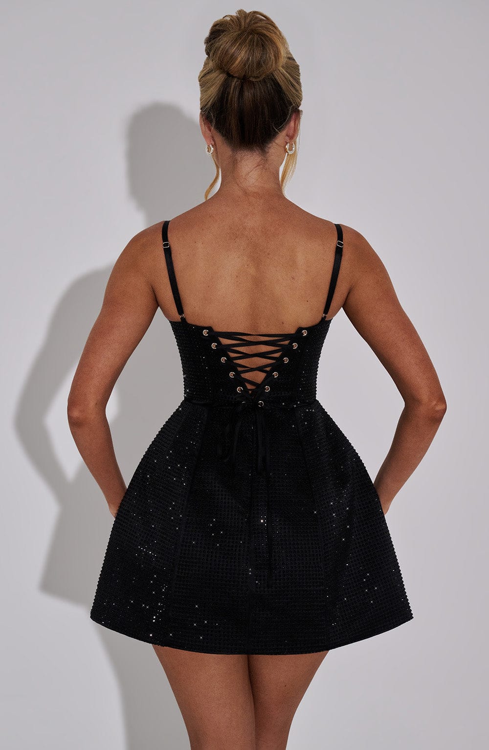 Black Rhinestone Mini Dress with Lace-Up Back – Emma