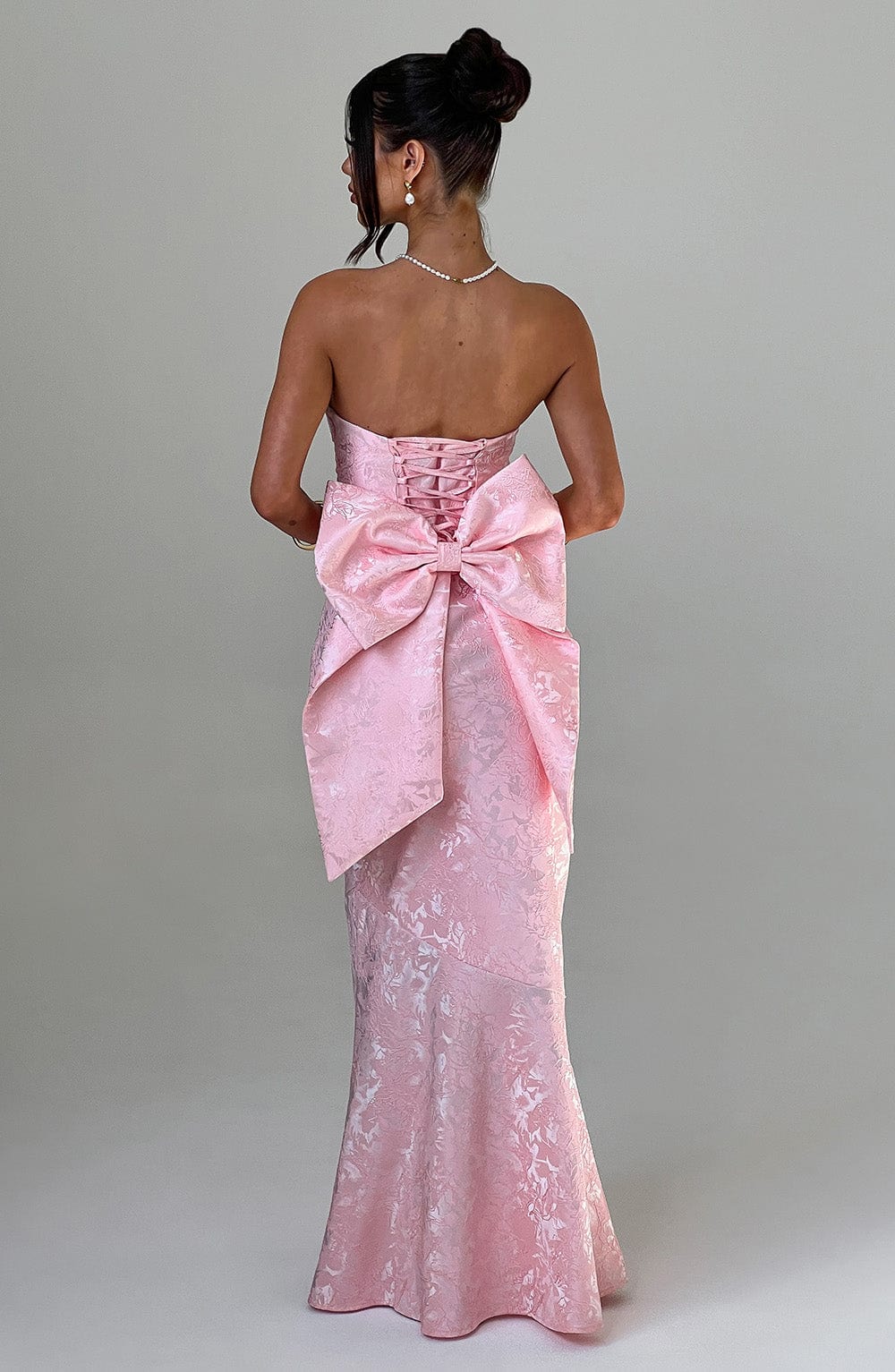 Felicity Strapless Maxi Dress with Lace-Up Back & Bow - Blush