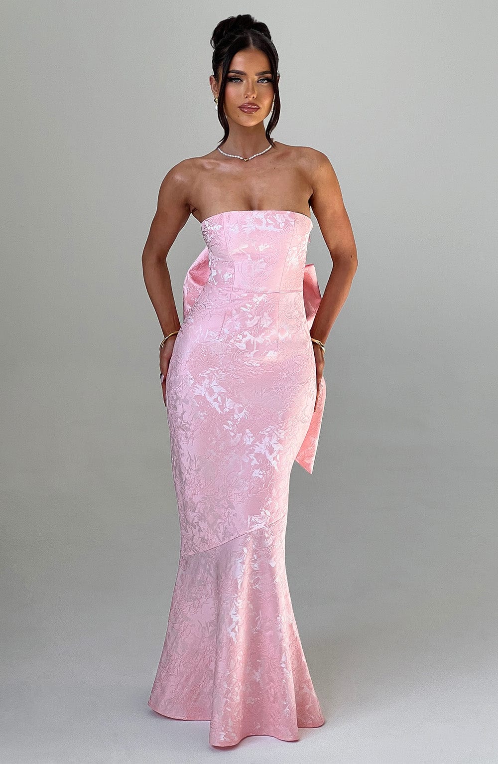 Felicity Strapless Maxi Dress with Lace-Up Back & Bow - Blush