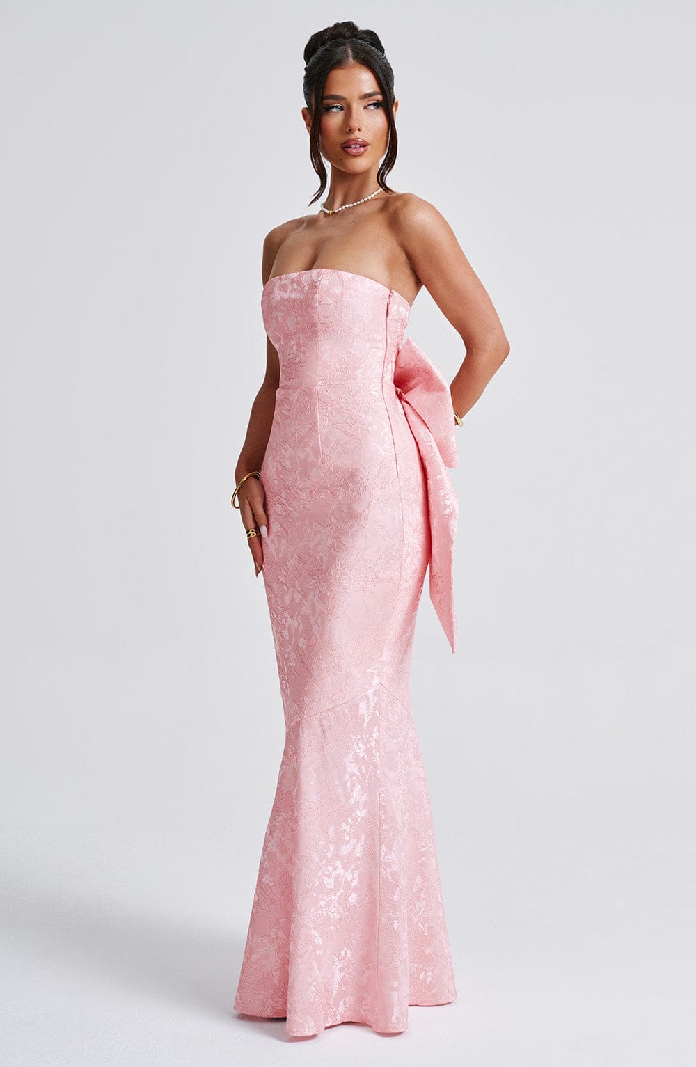 Felicity Strapless Maxi Dress with Lace-Up Back & Bow - Blush
