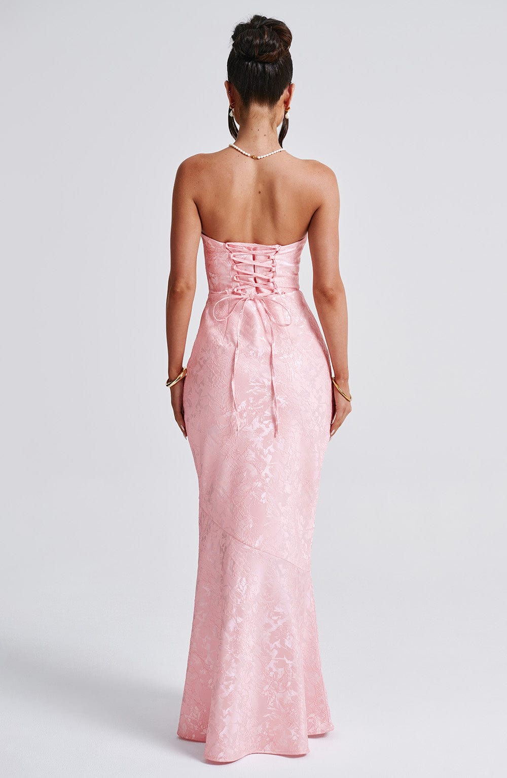 Felicity Strapless Maxi Dress with Lace-Up Back & Bow - Blush