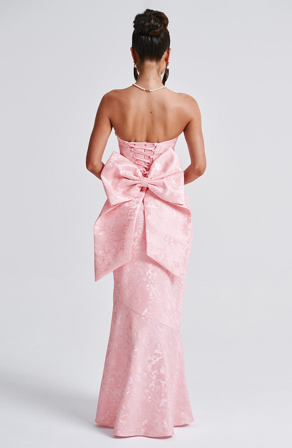 Felicity Strapless Maxi Dress with Lace-Up Back & Bow - Blush