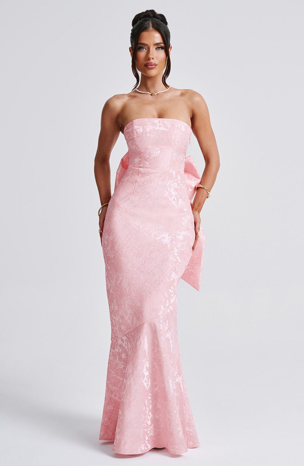 Felicity Strapless Maxi Dress with Lace-Up Back & Bow - Blush