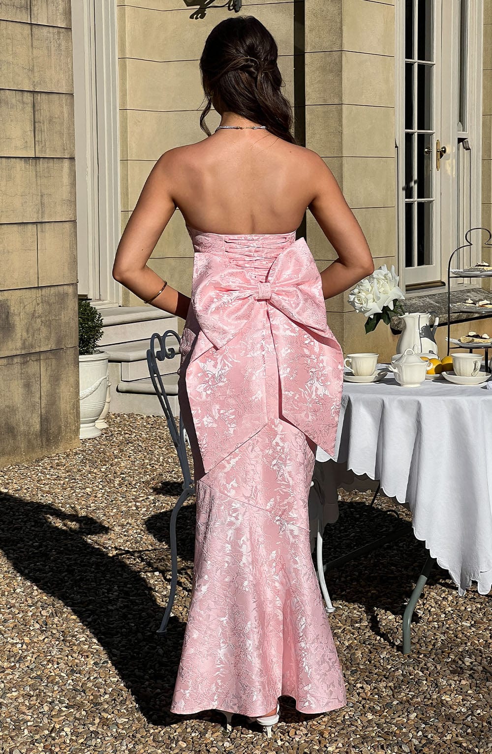 Felicity Strapless Maxi Dress with Lace-Up Back & Bow - Blush