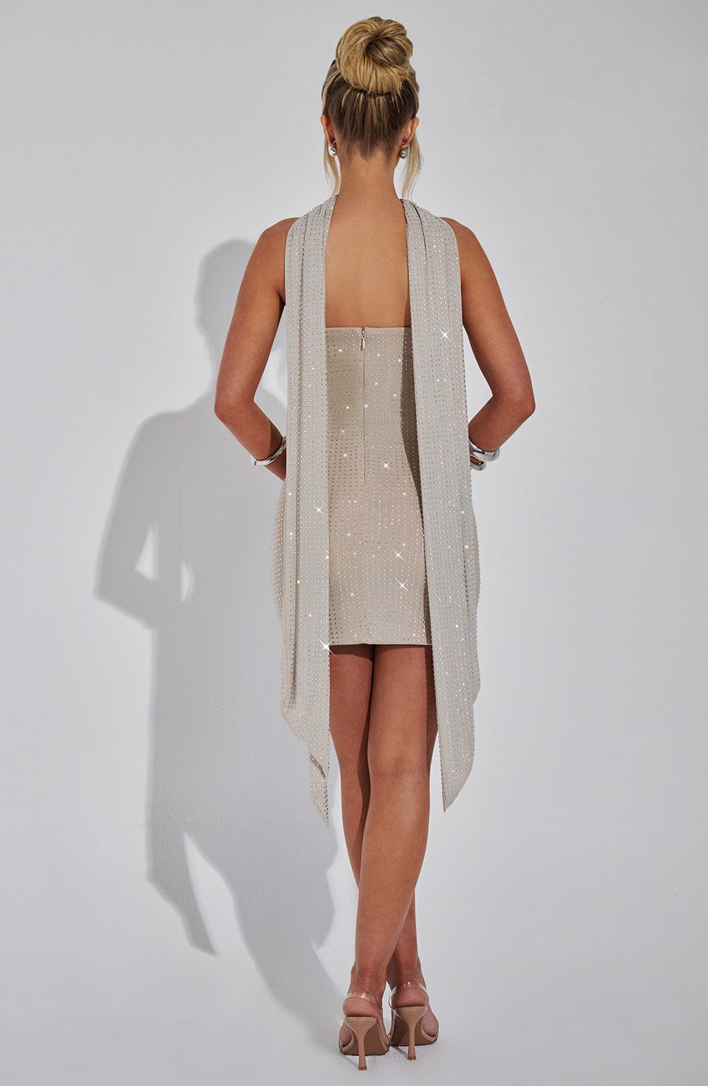 Sparkly Rhinestone Mini Dress - Ginni Silver/Nude Party Dress