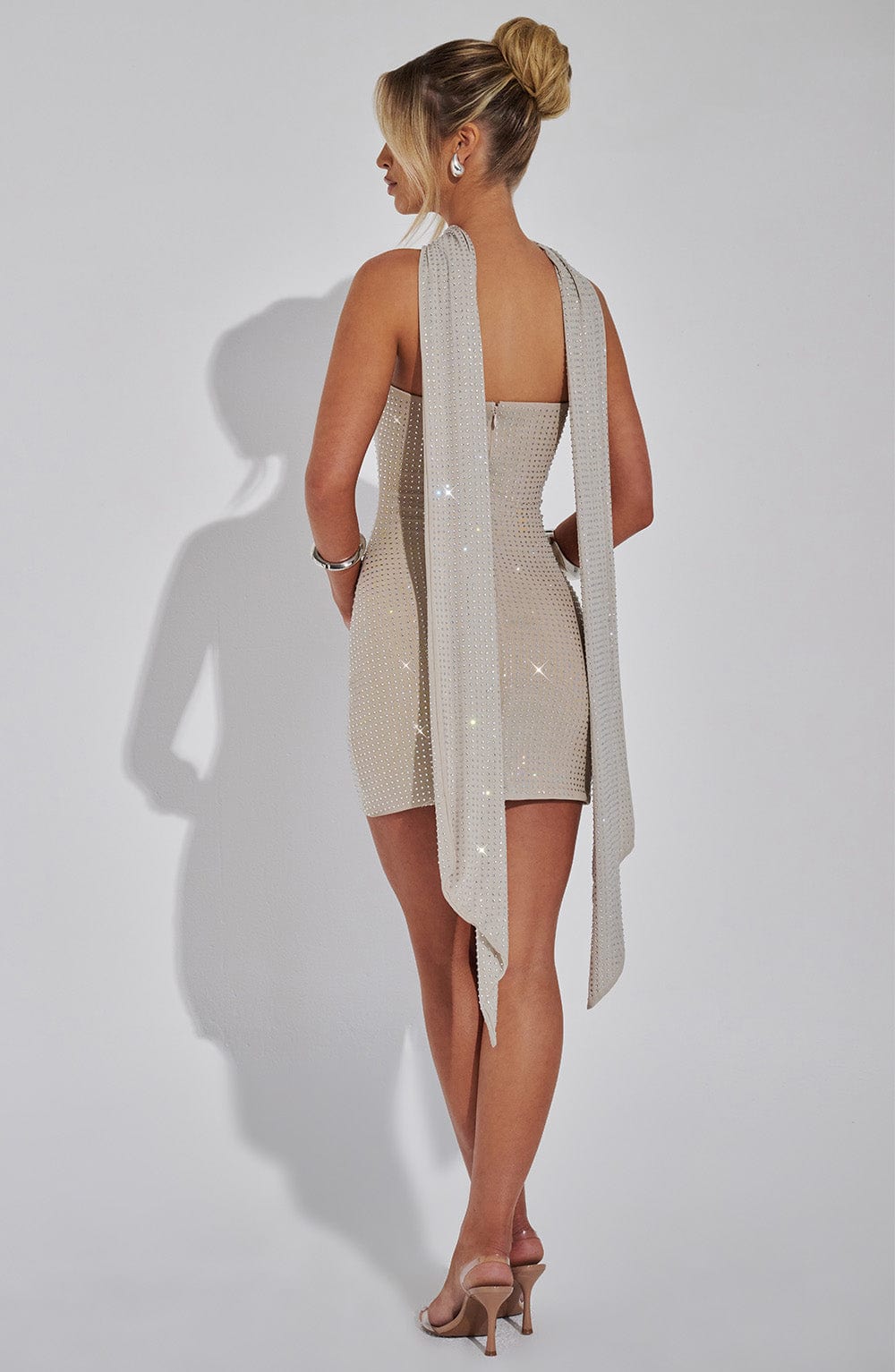 Sparkly Rhinestone Mini Dress - Ginni Silver/Nude Party Dress