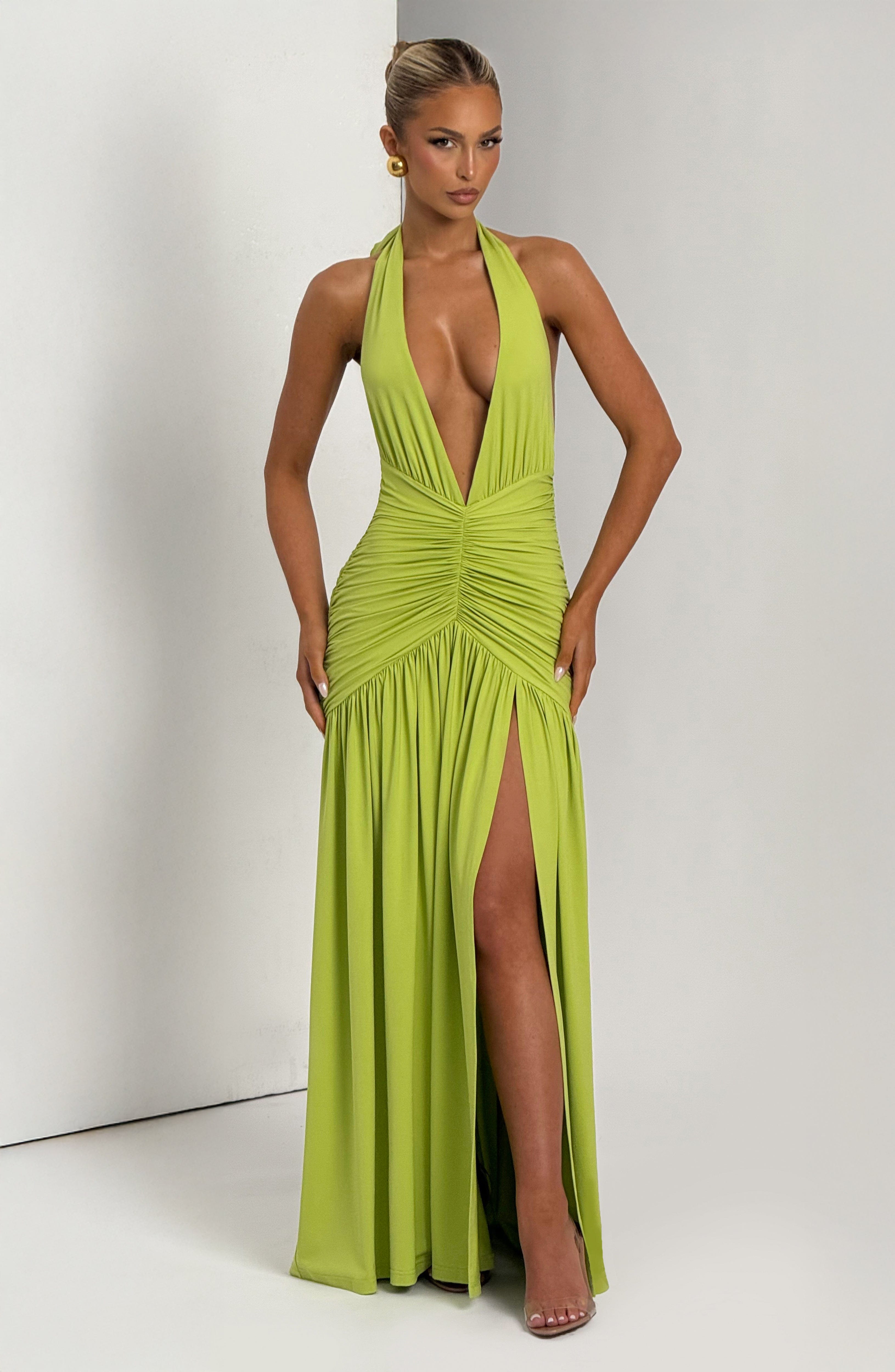 Olive Melania Maxi Dress with Plunge Neckline & Thigh Split