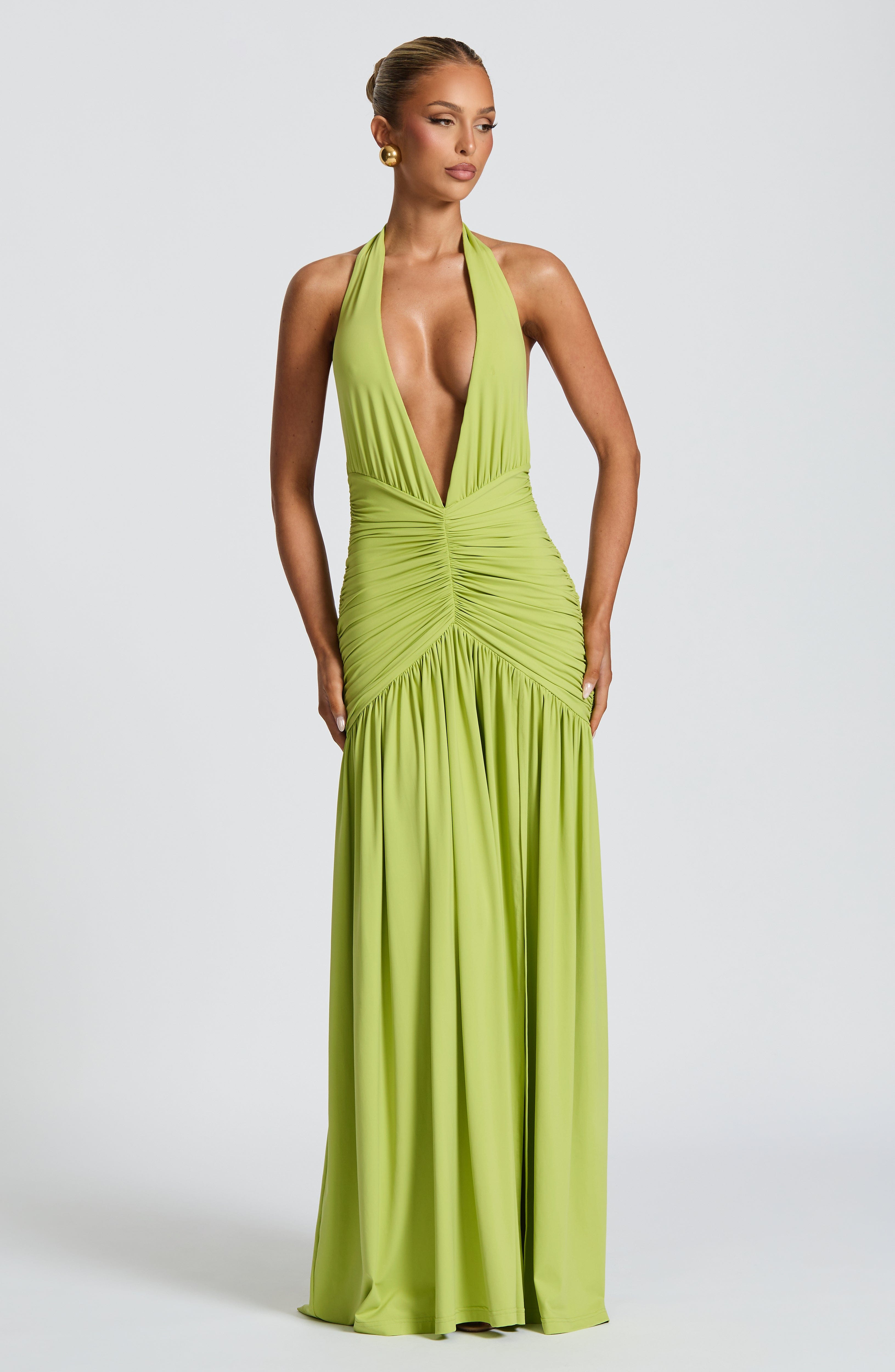 Olive Melania Maxi Dress with Plunge Neckline & Thigh Split