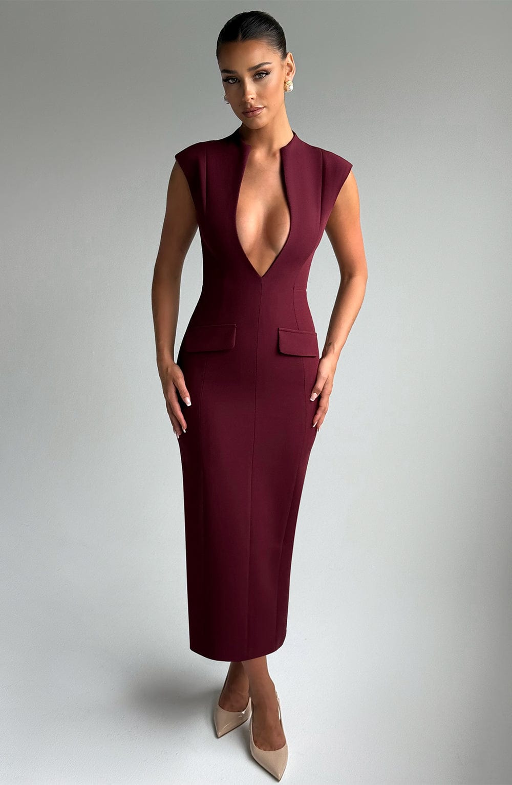 Cherry Lacquer Nellie Midi Dress with Plunging Neckline & Pockets