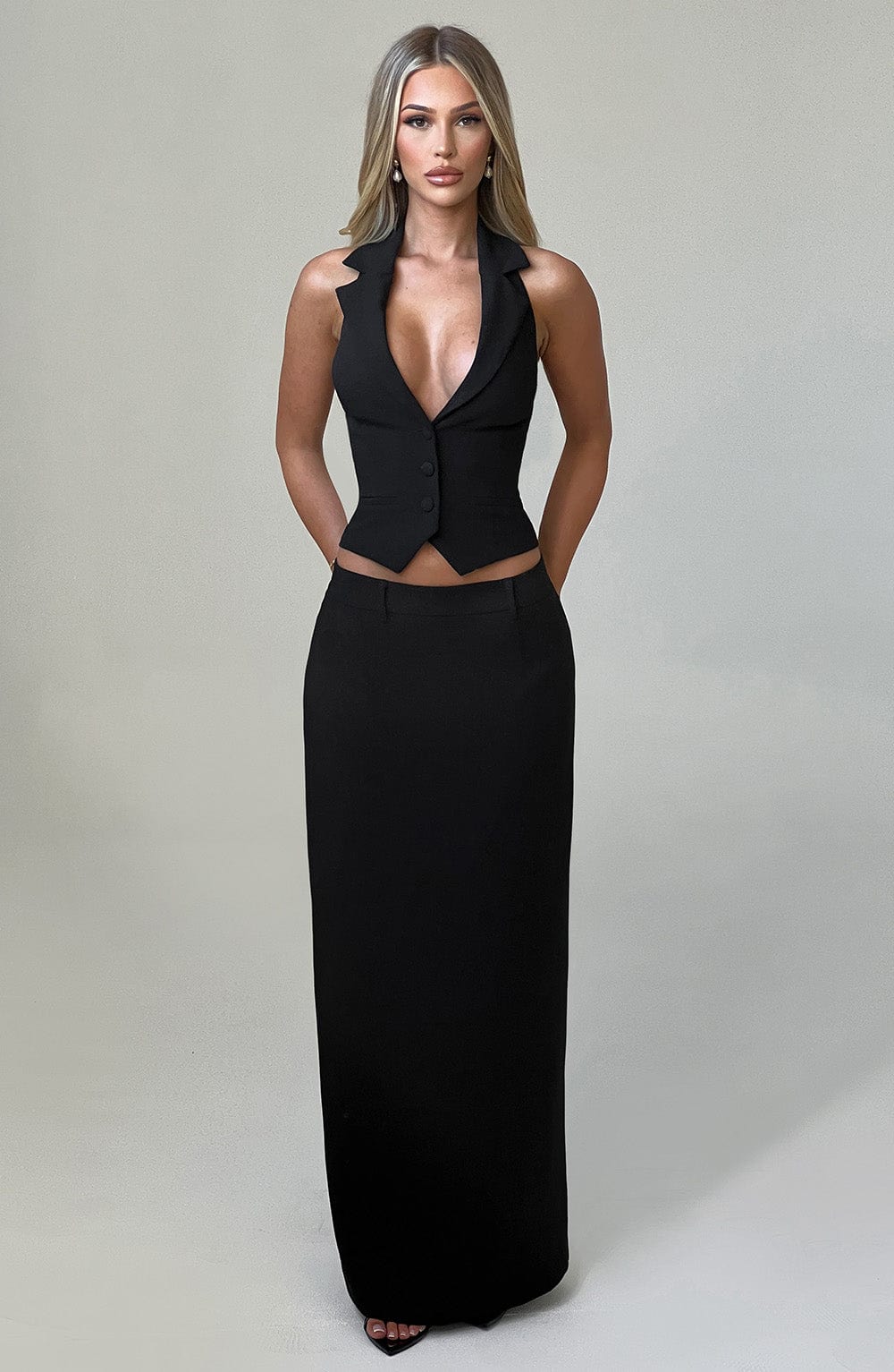 Piper Black Maxi Skirt with Back Split & Belt Loops