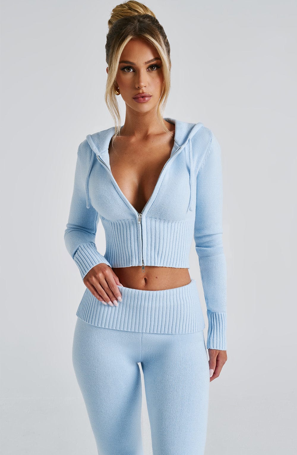 Portia Cropped Knit Hoodie with 2-Way Zipper - Baby Blue