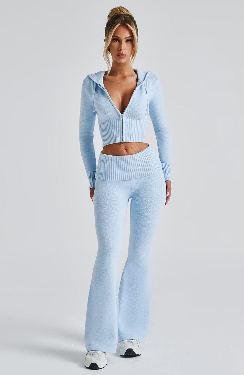 Portia Cropped Knit Hoodie with 2-Way Zipper - Baby Blue