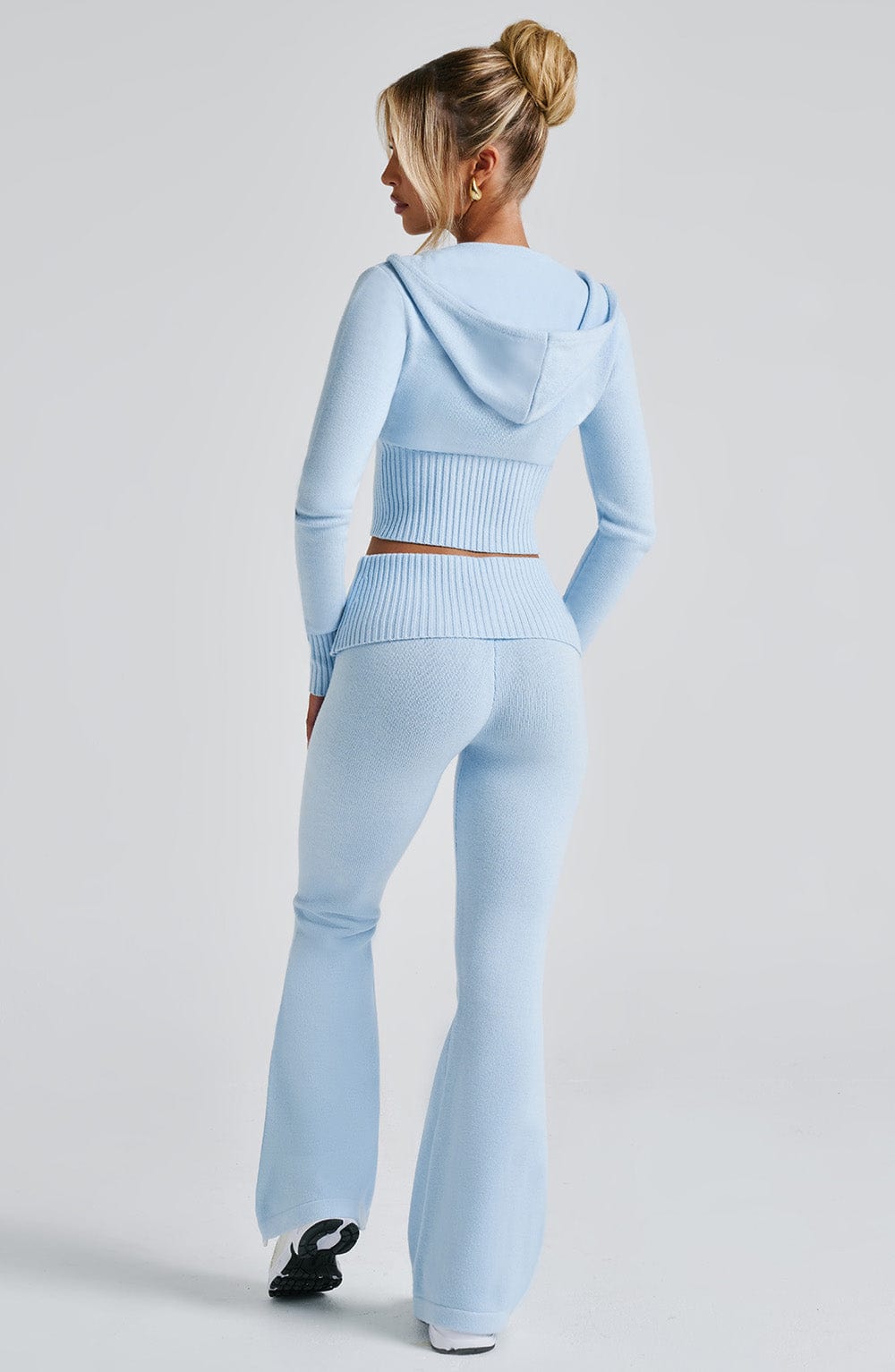 Portia Cropped Knit Hoodie with 2-Way Zipper - Baby Blue
