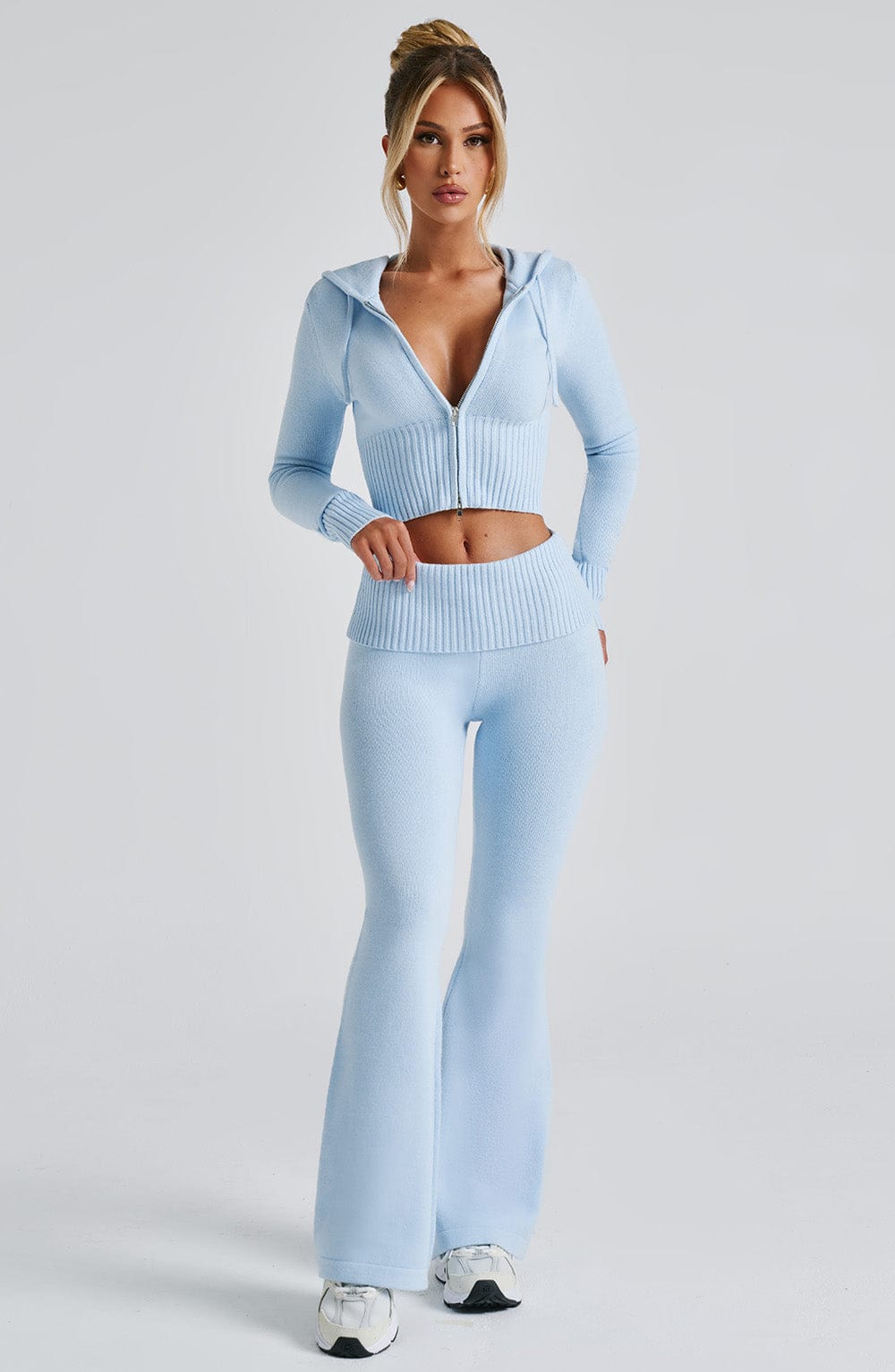 Portia Cropped Knit Hoodie with 2-Way Zipper - Baby Blue