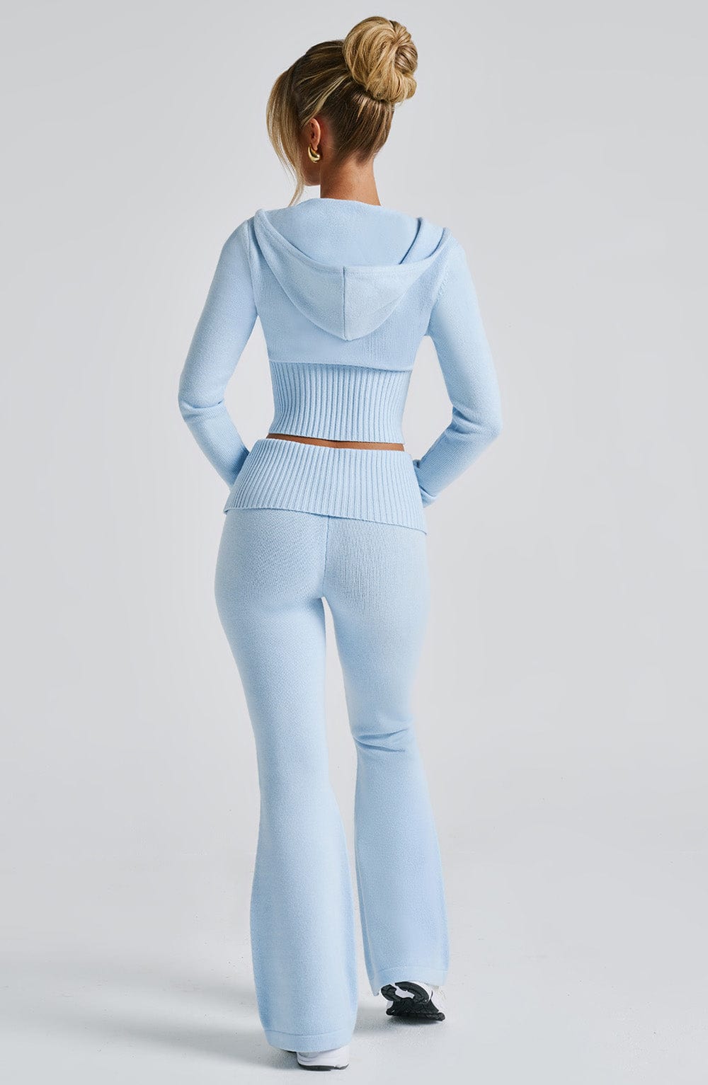 Portia Cropped Knit Hoodie with 2-Way Zipper - Baby Blue