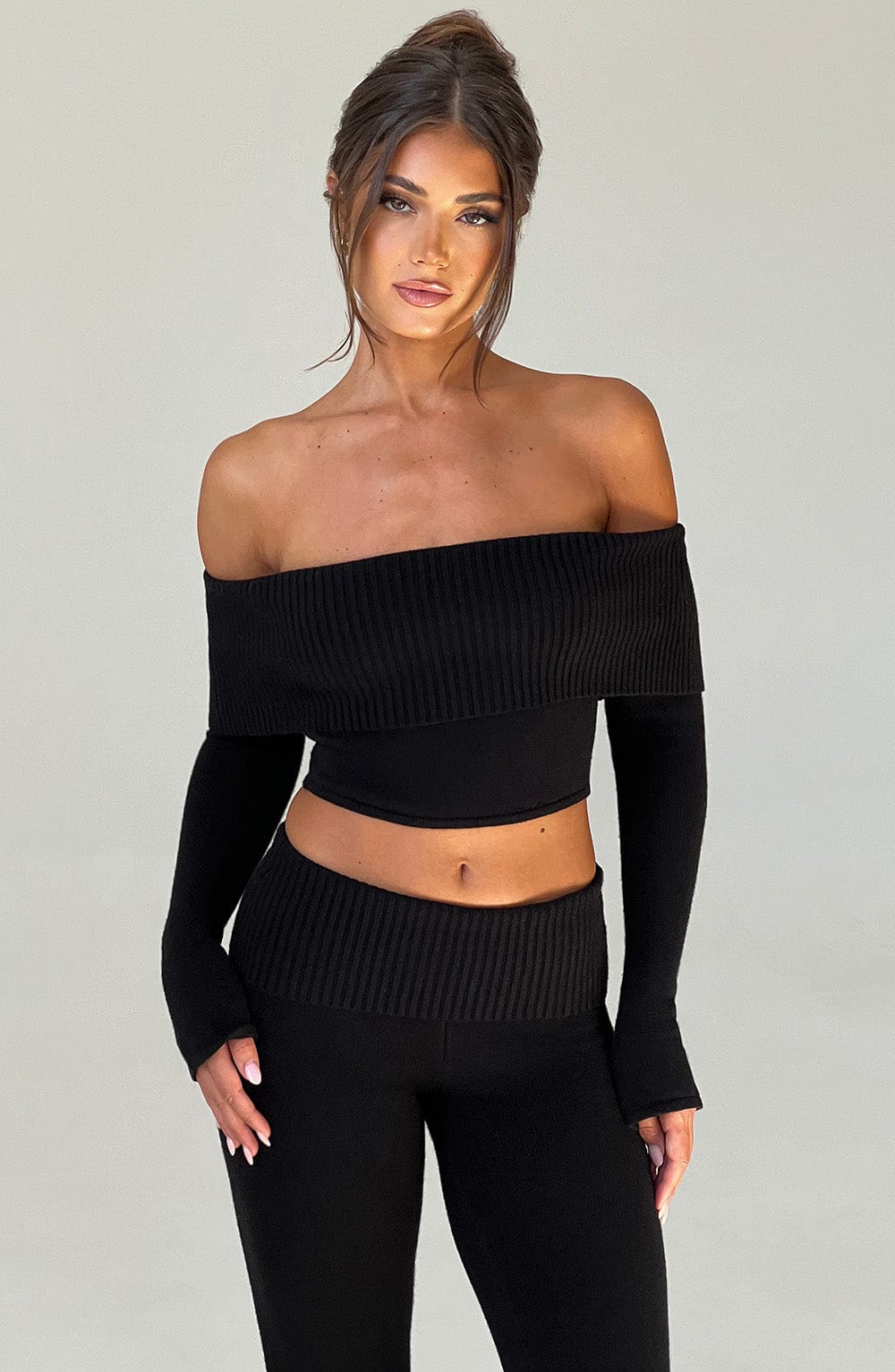 Portia Black Ribbed Bardot Knit Top - Cropped Bodycon Fit