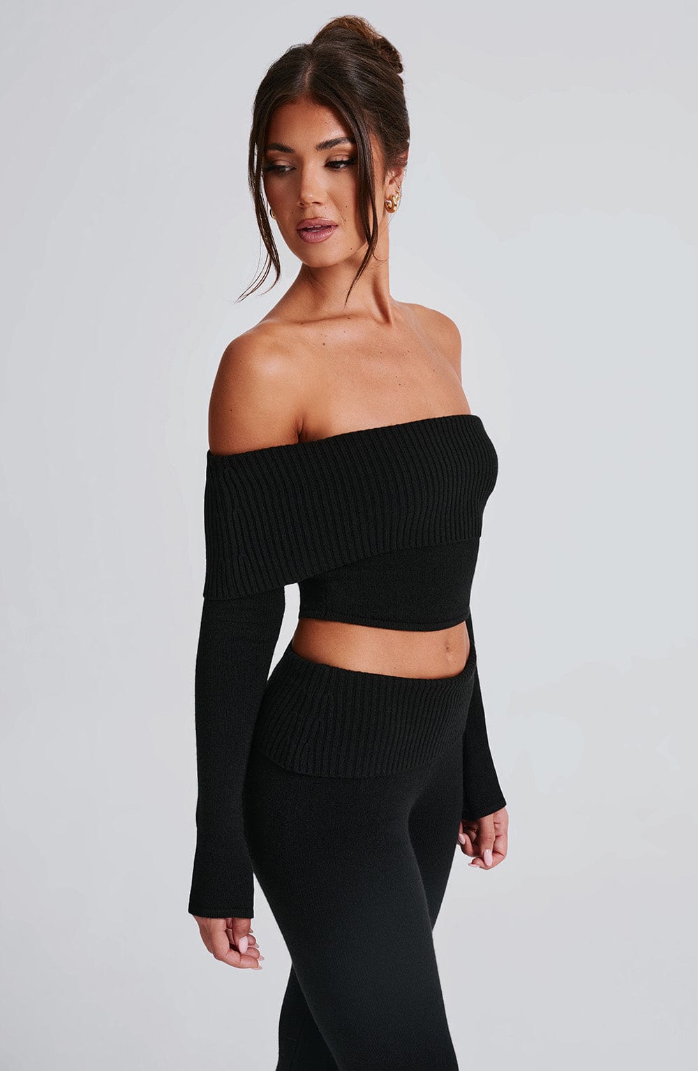 Portia Black Ribbed Bardot Knit Top - Cropped Bodycon Fit