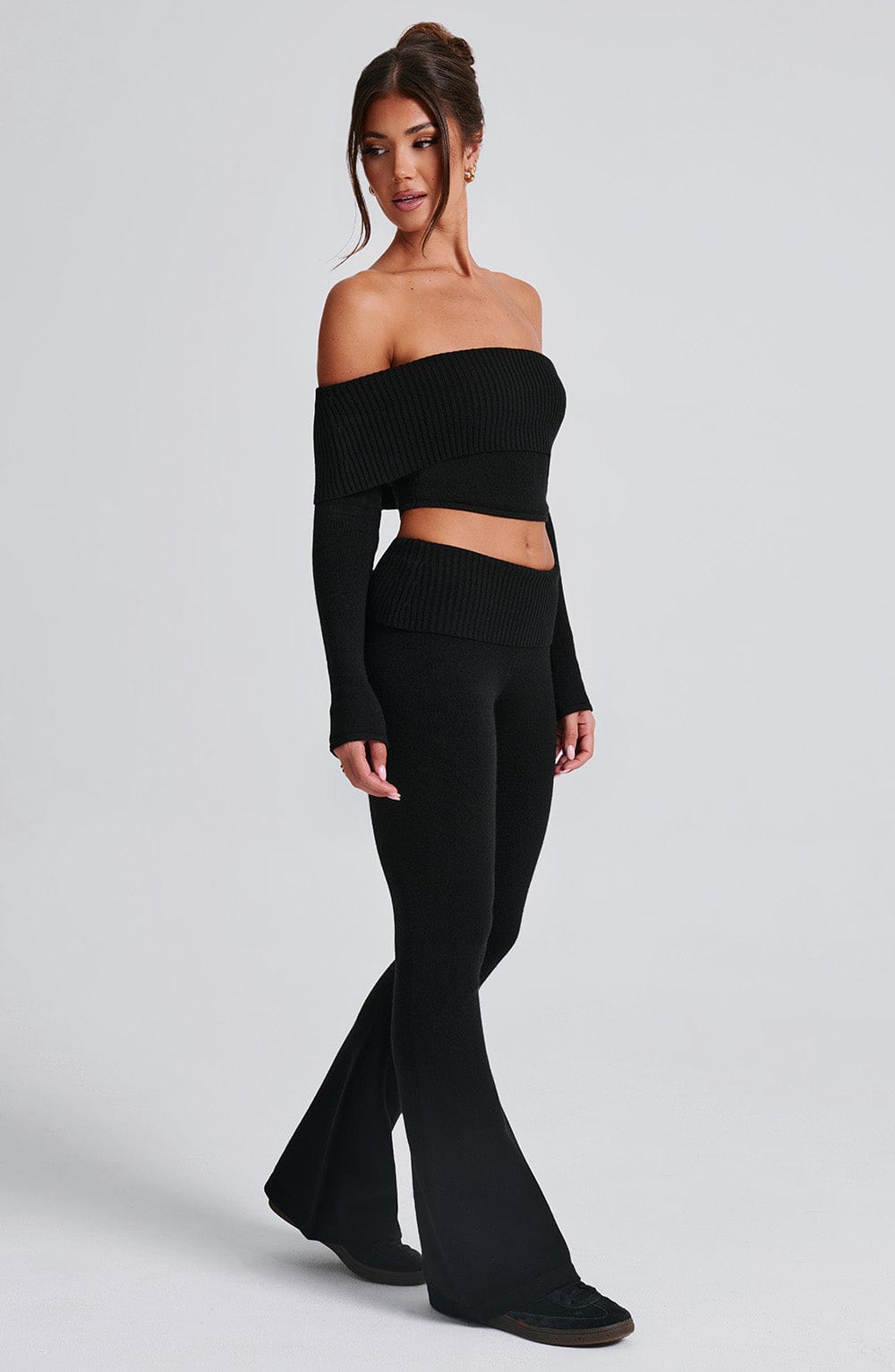 Portia Black Ribbed Bardot Knit Top - Cropped Bodycon Fit