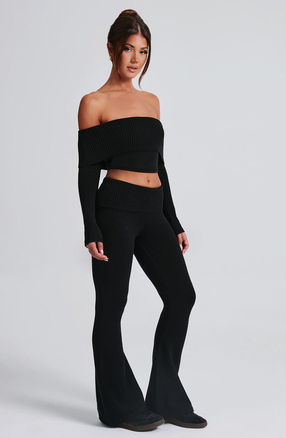 Portia Black Ribbed Bardot Knit Top - Cropped Bodycon Fit