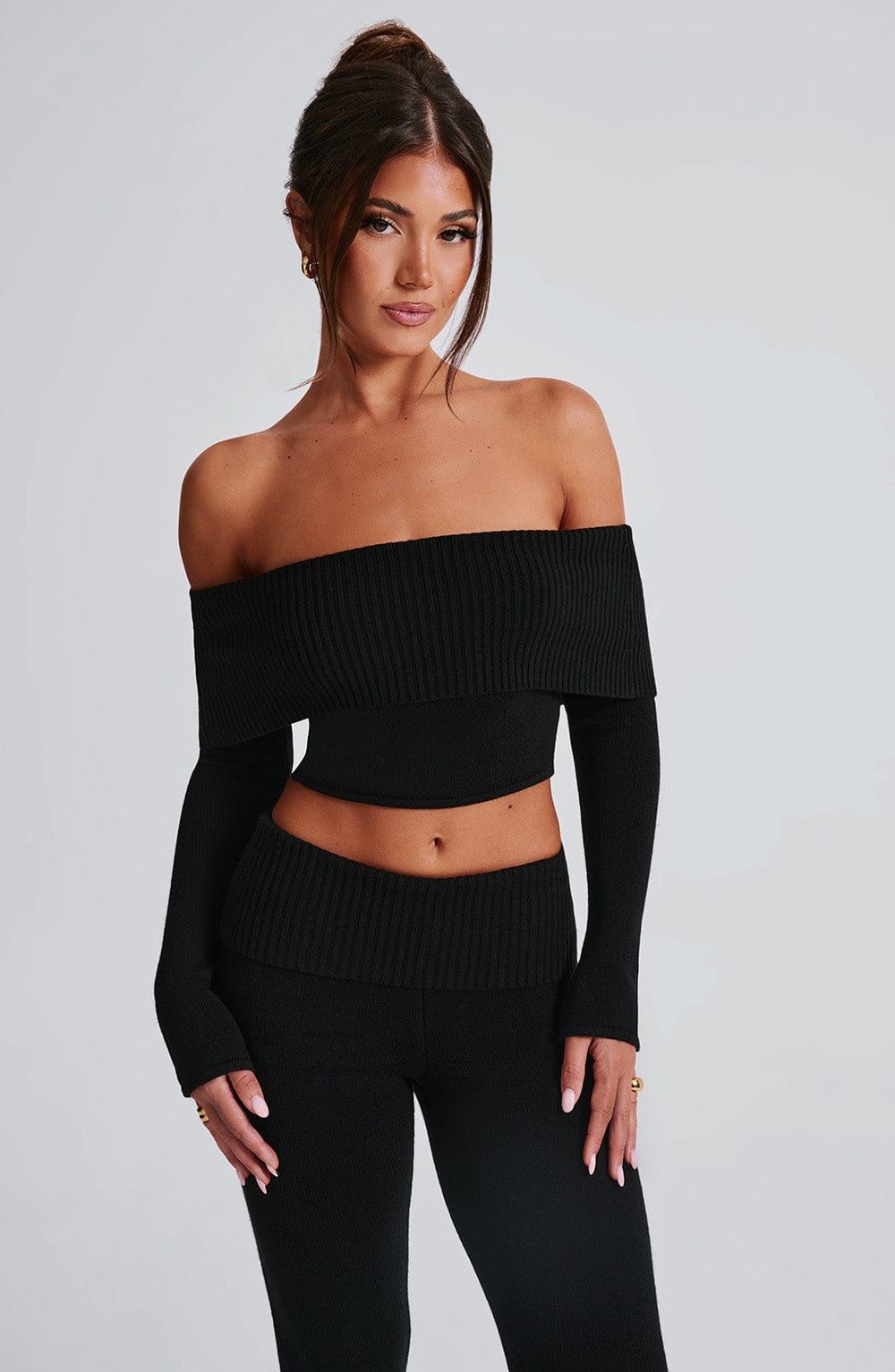 Portia Black Ribbed Bardot Knit Top - Cropped Bodycon Fit