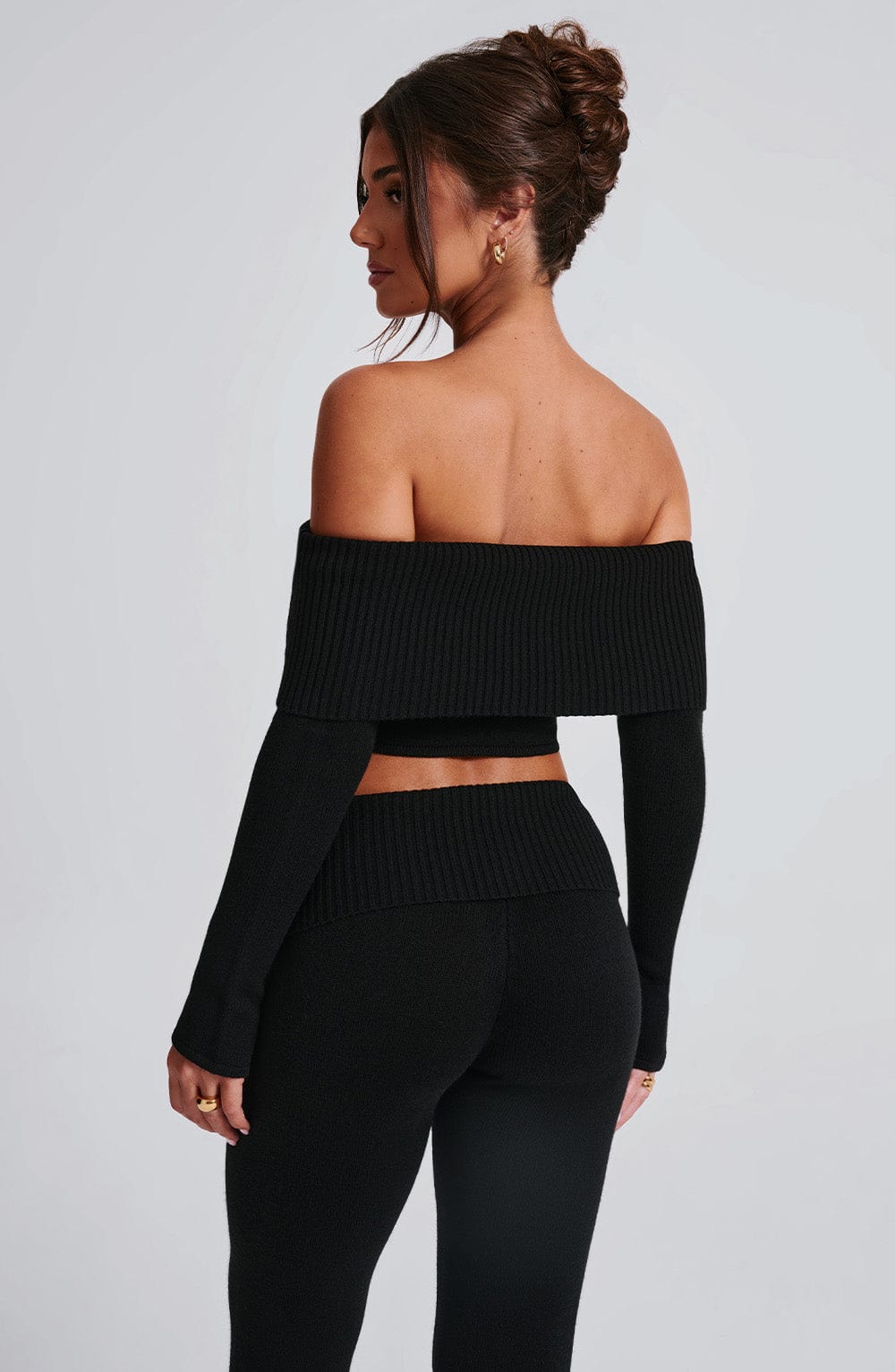 Portia Black Ribbed Bardot Knit Top - Cropped Bodycon Fit