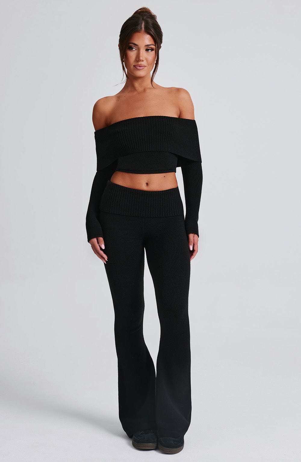Portia Black Ribbed Bardot Knit Top - Cropped Bodycon Fit
