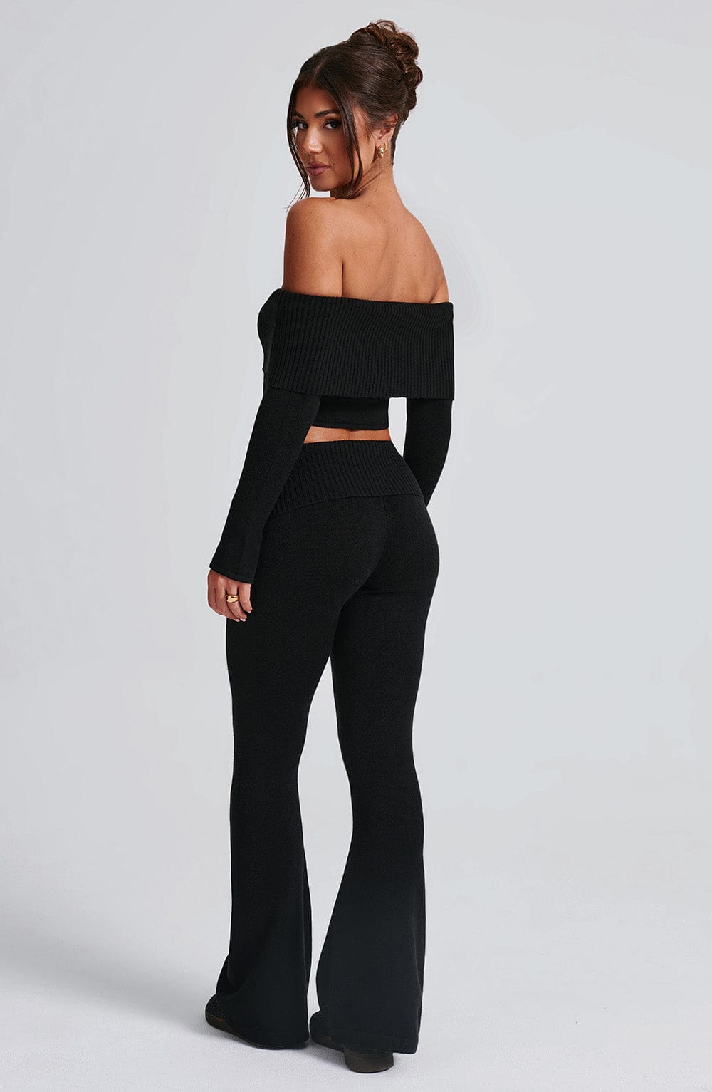 Portia Black Ribbed Bardot Knit Top - Cropped Bodycon Fit