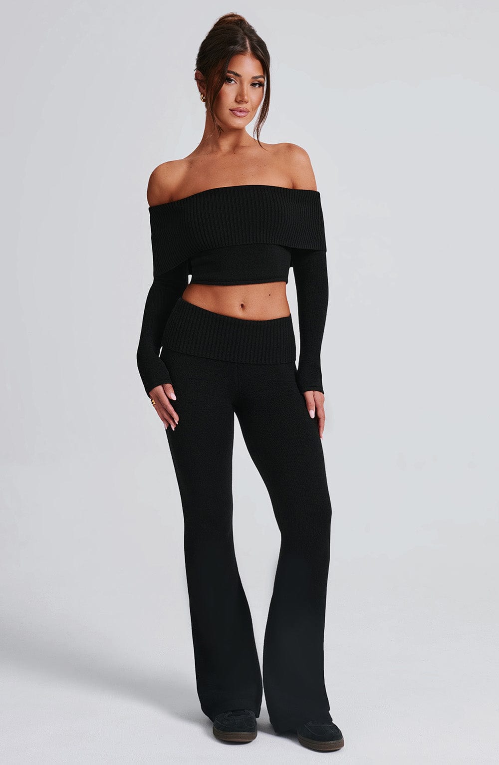 Portia Black Ribbed Bardot Knit Top - Cropped Bodycon Fit