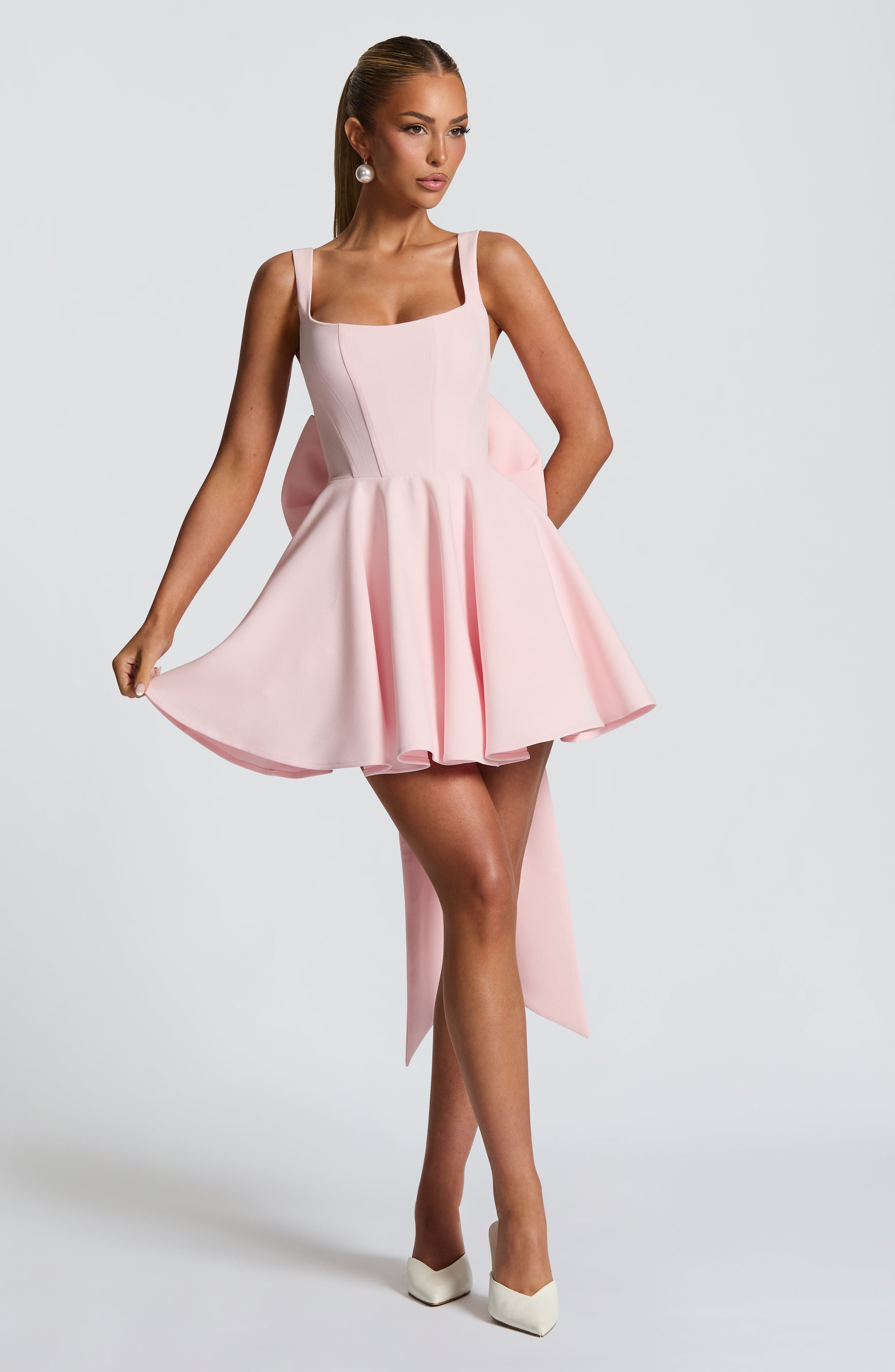 Blush Rue Mini Dress with Square Neckline & Detachable Bow