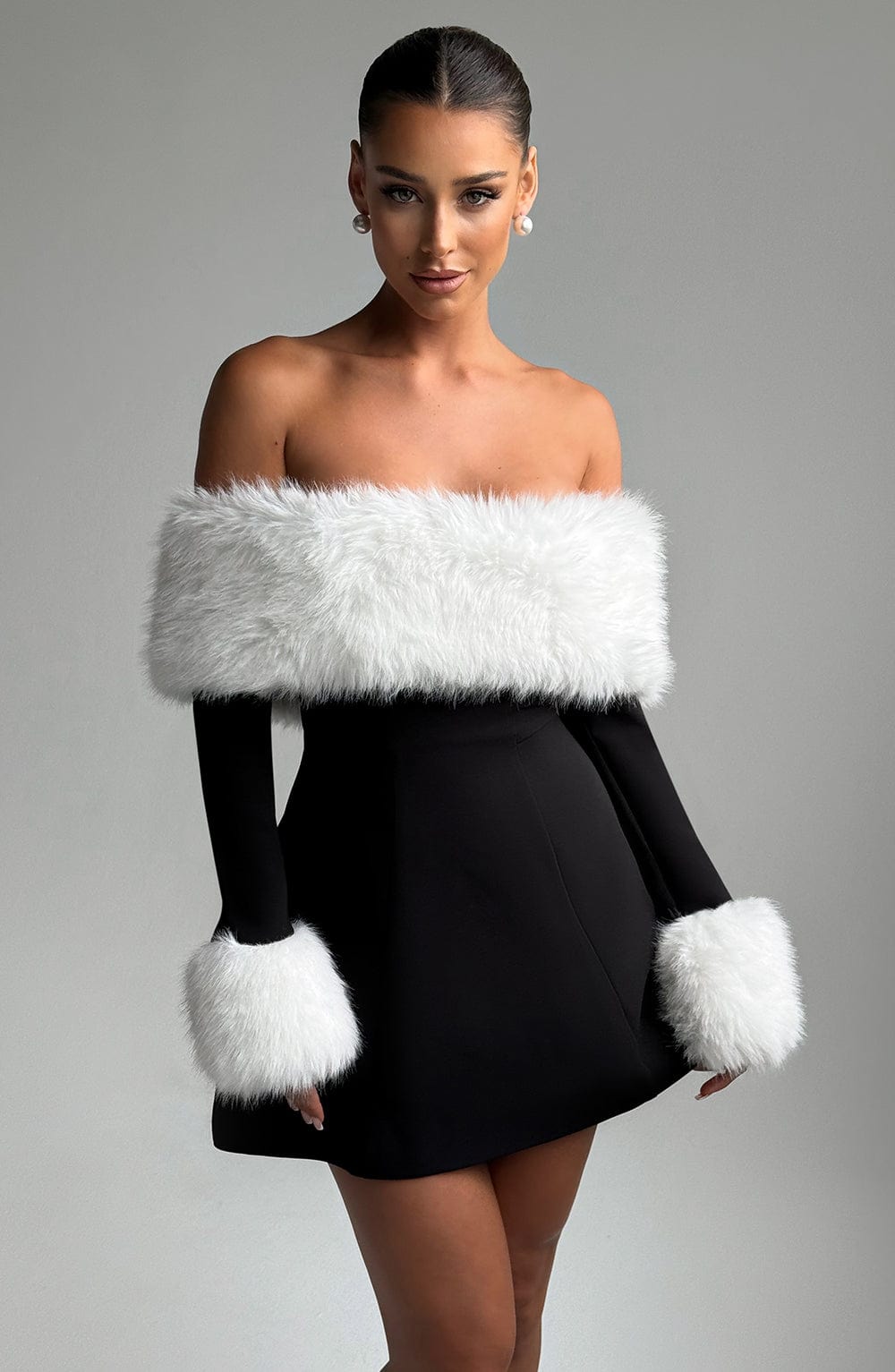 Villanelle Mini Dress with Faux Fur Trim - Black/White Bardot Neckline
