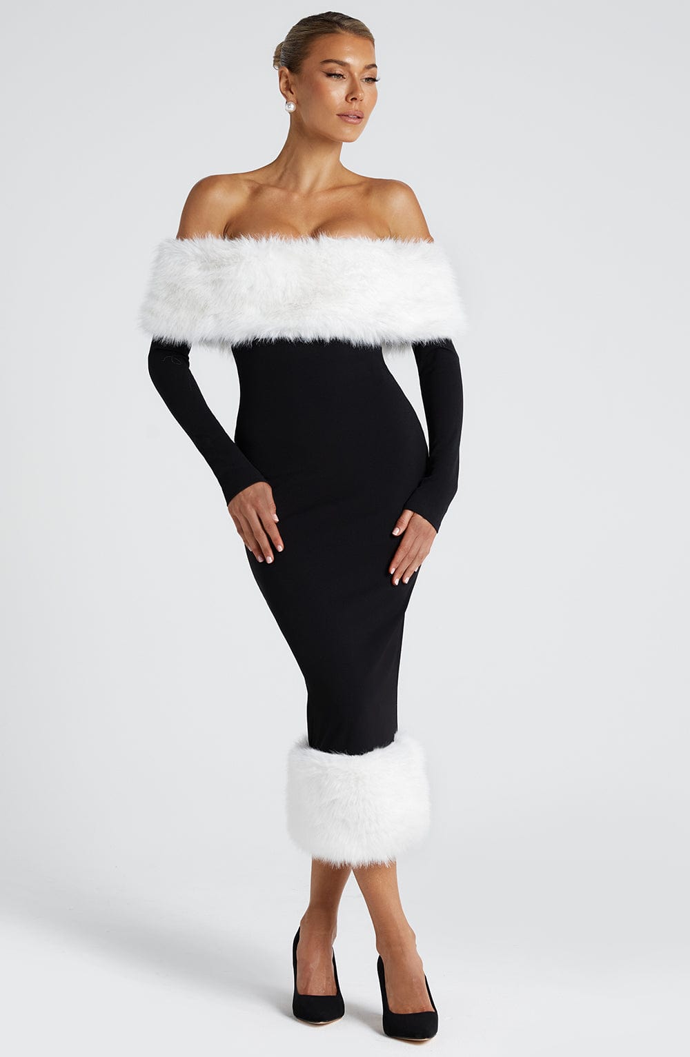 Vittoria Black/White Bardot Neckline Midi Dress with Faux Fur Trim