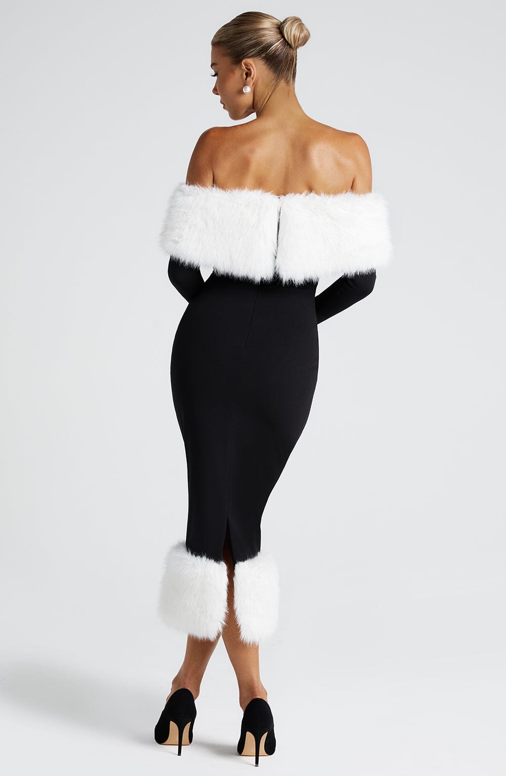 Vittoria Black/White Bardot Neckline Midi Dress with Faux Fur Trim