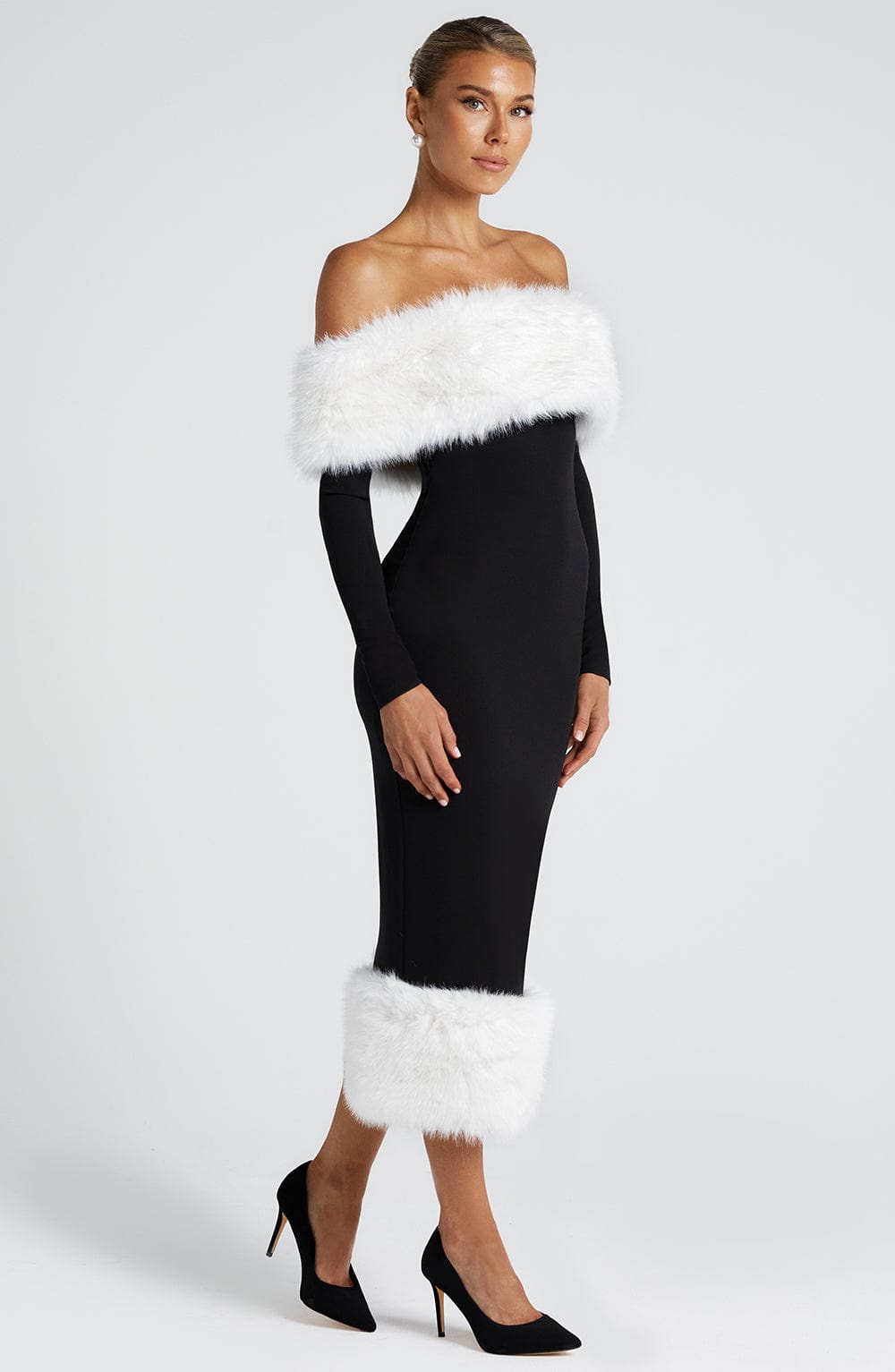 Vittoria Black/White Bardot Neckline Midi Dress with Faux Fur Trim