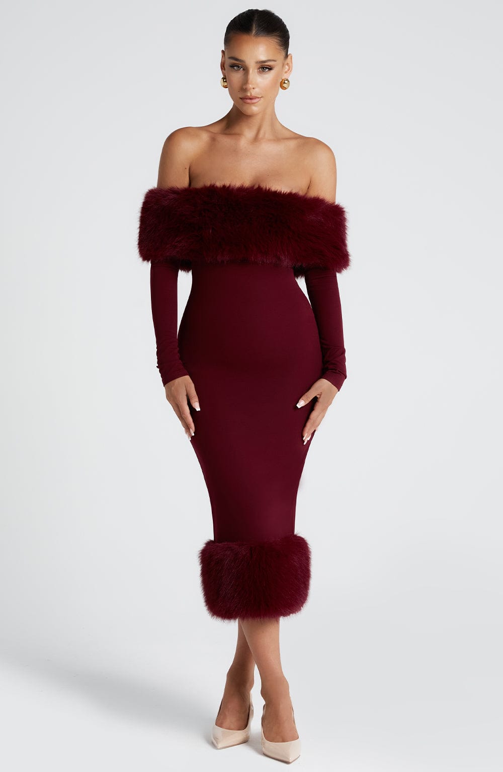 Vittoria Wine Midi Dress with Faux Fur Trim & Bardot Neckline